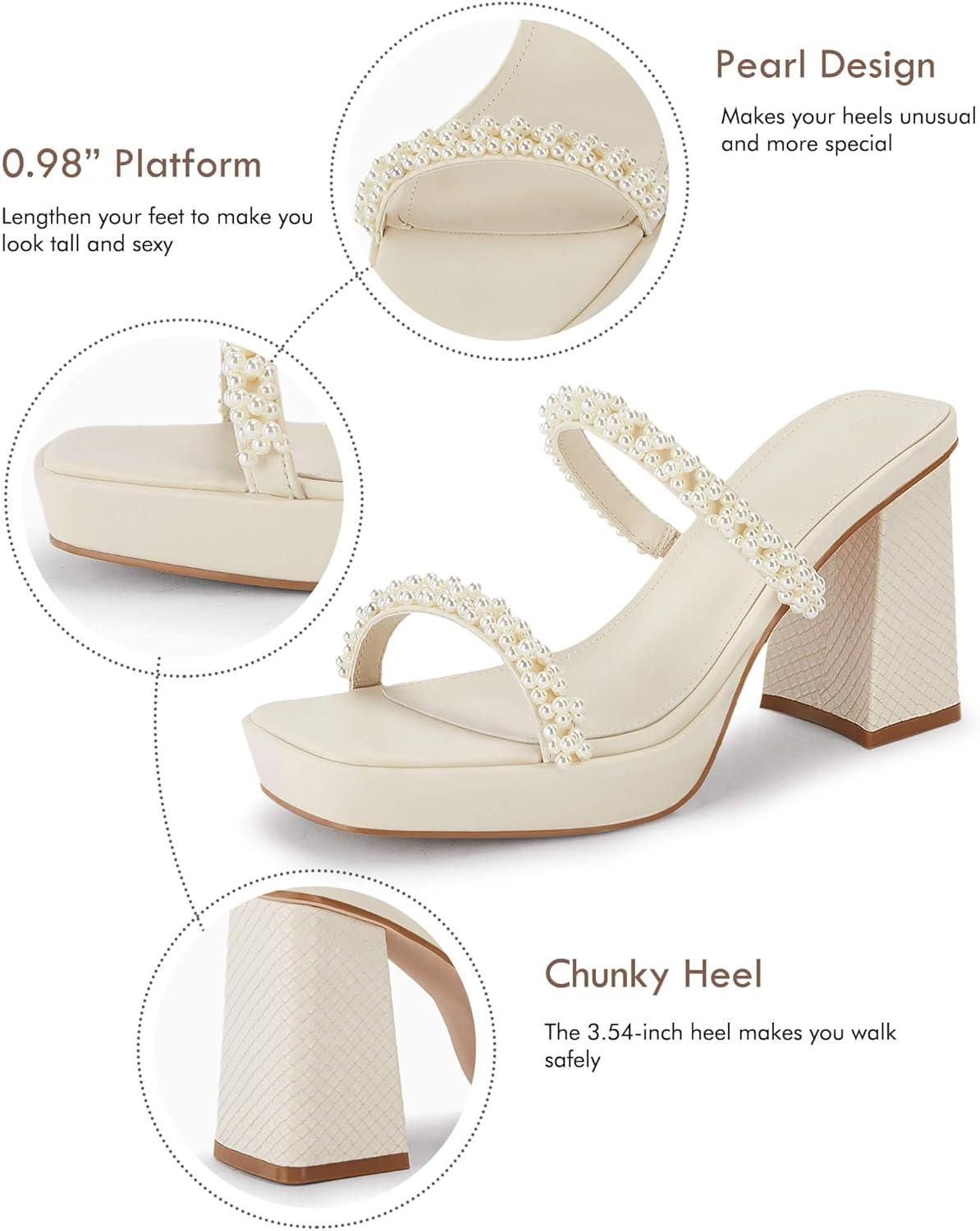 image:imageCoutgo Womens Platform Chunky High Heels Sandals Square Open Toe Strappy Pearl Slip On SlidesBeige
