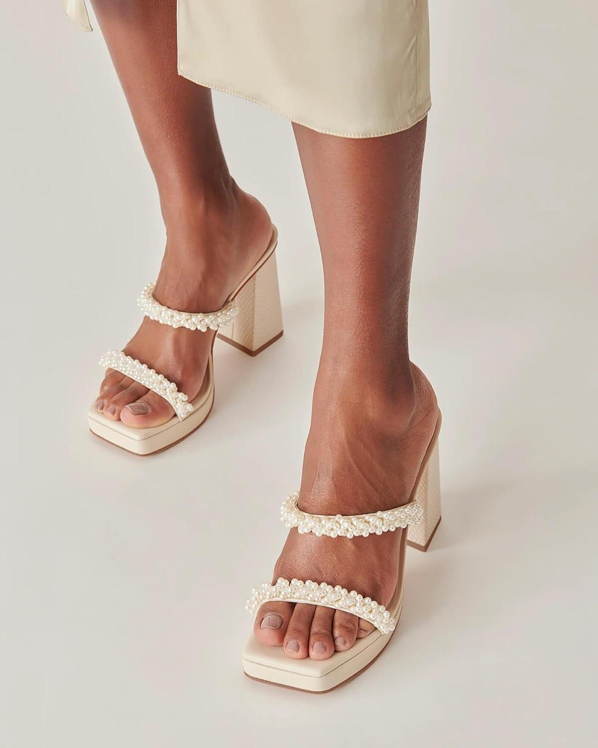 image:imageCoutgo Womens Platform Chunky High Heels Sandals Square Open Toe Strappy Pearl Slip On SlidesBeige