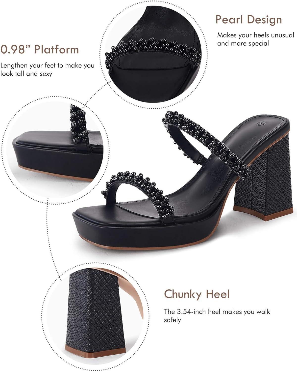 image:imageCoutgo Womens Platform Chunky High Heels Sandals Square Open Toe Strappy Pearl Slip On SlidesBlack