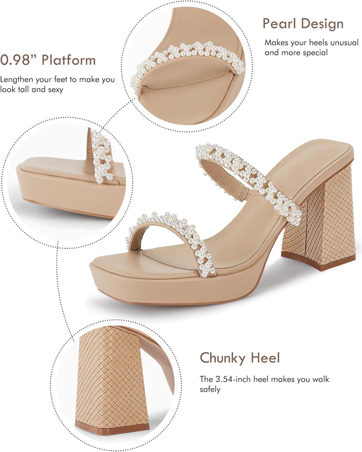 image:imageCoutgo Womens Platform Chunky High Heels Sandals Square Open Toe Strappy Pearl Slip On SlidesKhaki