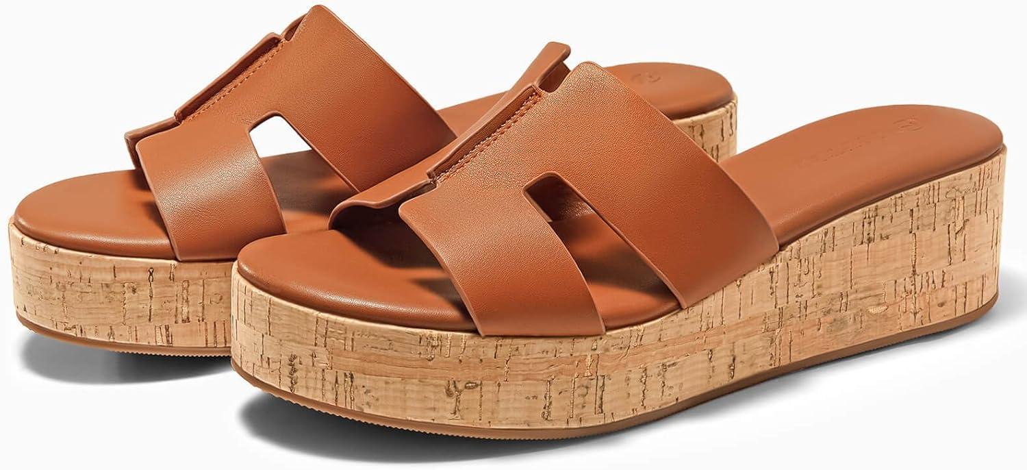 image:imageCoutgo Womens Platform Wedge Sandals Open Toe Slip On Slides Cork Heeled Cutout Comfortable Summer Shoes Brown Size 10