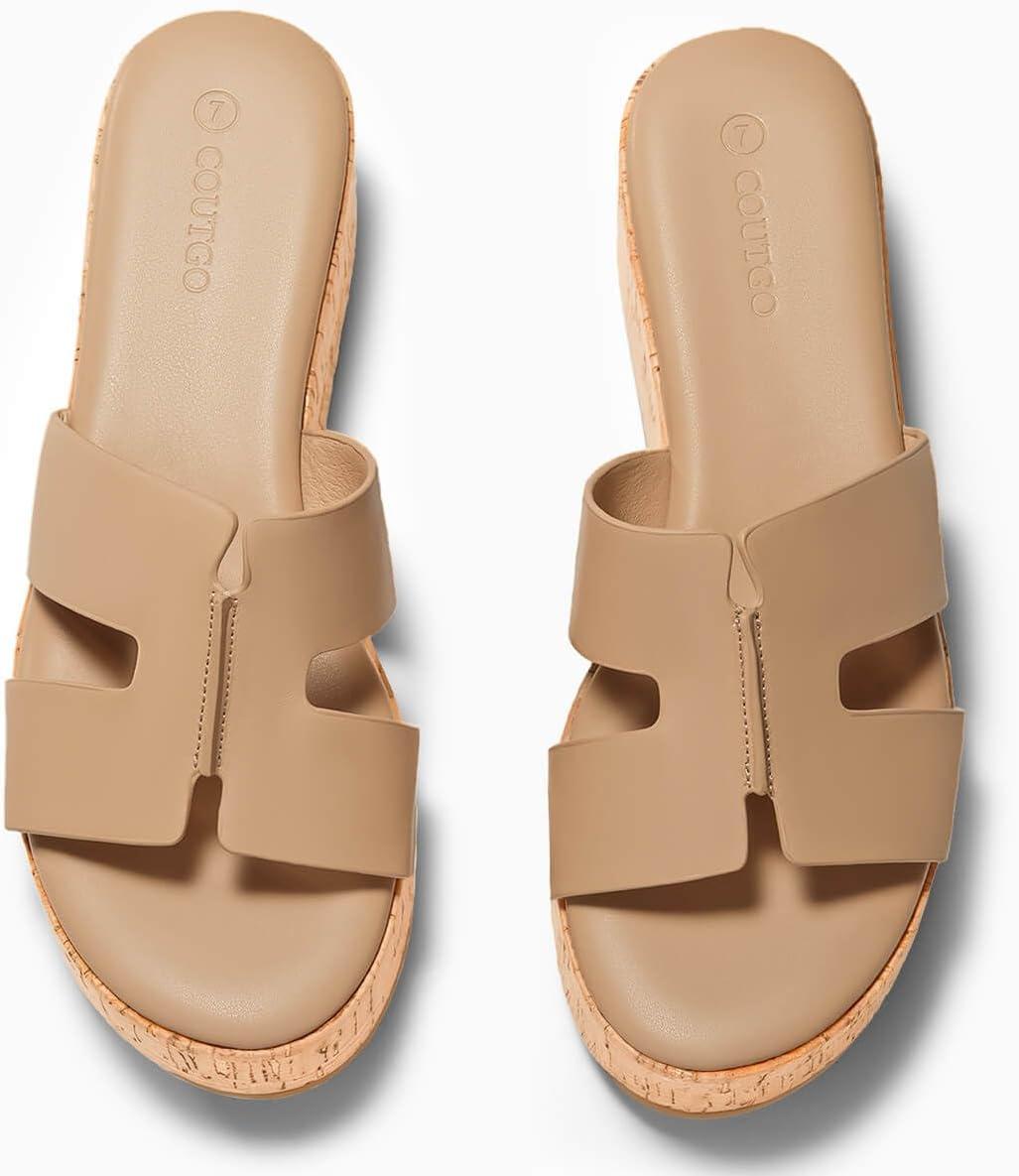 image:imageCoutgo Womens Platform Wedge Sandals Open Toe Slip On Slides Cork Heeled Cutout Comfortable Summer Shoes Khaki Size 75
