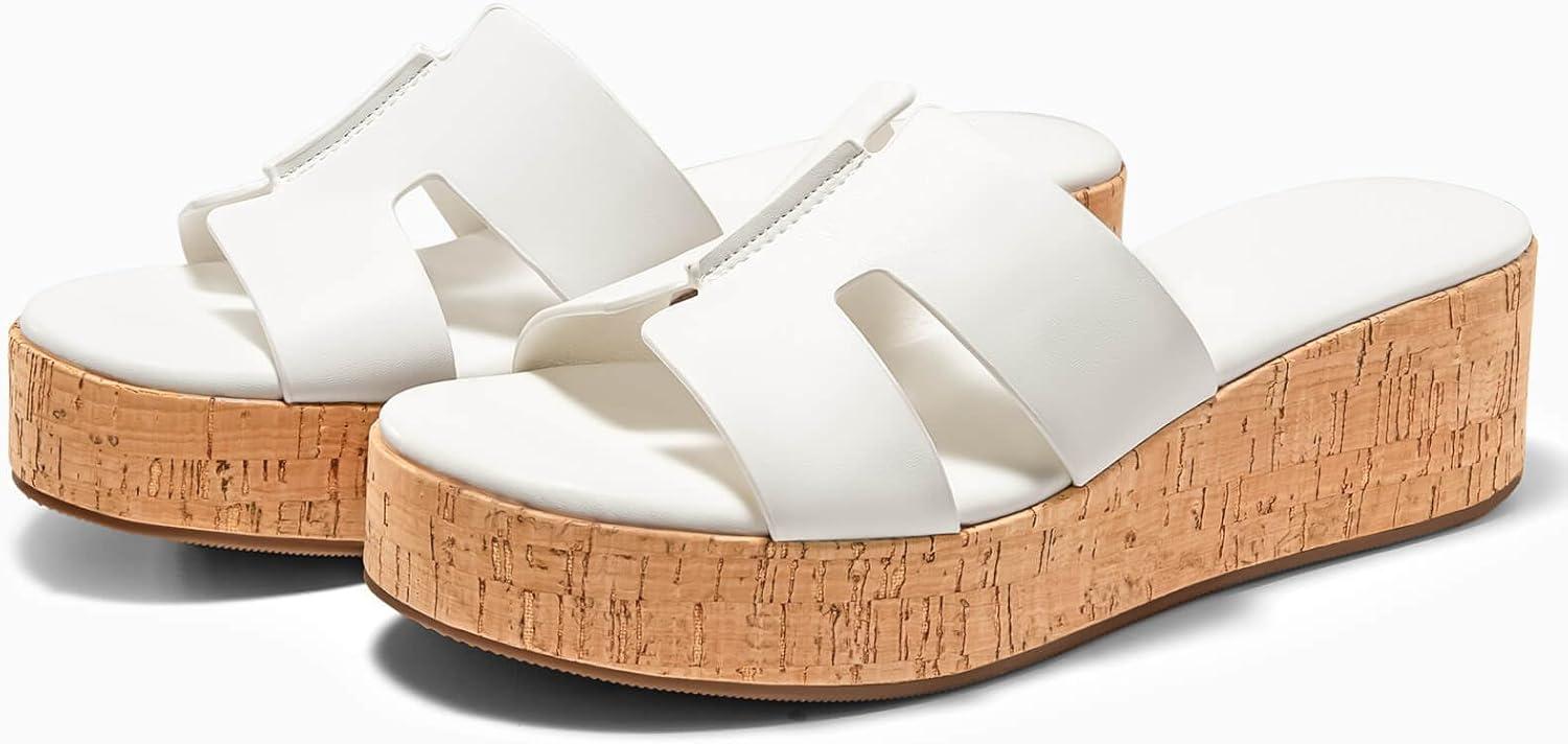 image:imageCoutgo Womens Platform Wedge Sandals Open Toe Slip On Slides Cork Heeled Cutout Comfortable Summer Shoes White Size 9