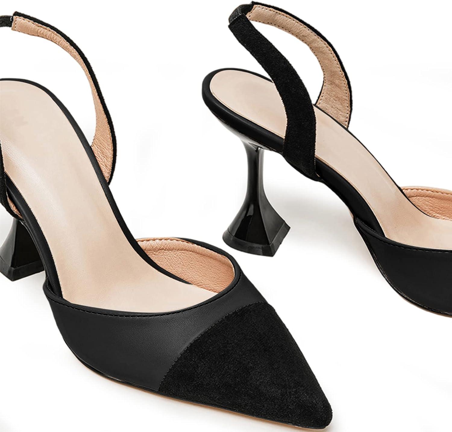 image:imageCoutgo Womens Slingback Pumps Pointed Toe Slip On Stiletto Heels Patchwork Dress Party ShoesBlack