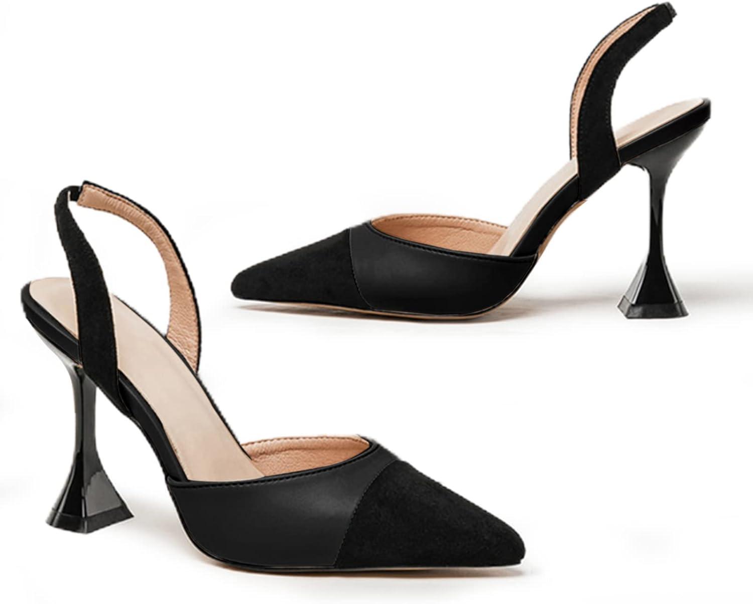image:imageCoutgo Womens Slingback Pumps Pointed Toe Slip On Stiletto Heels Patchwork Dress Party ShoesBlack