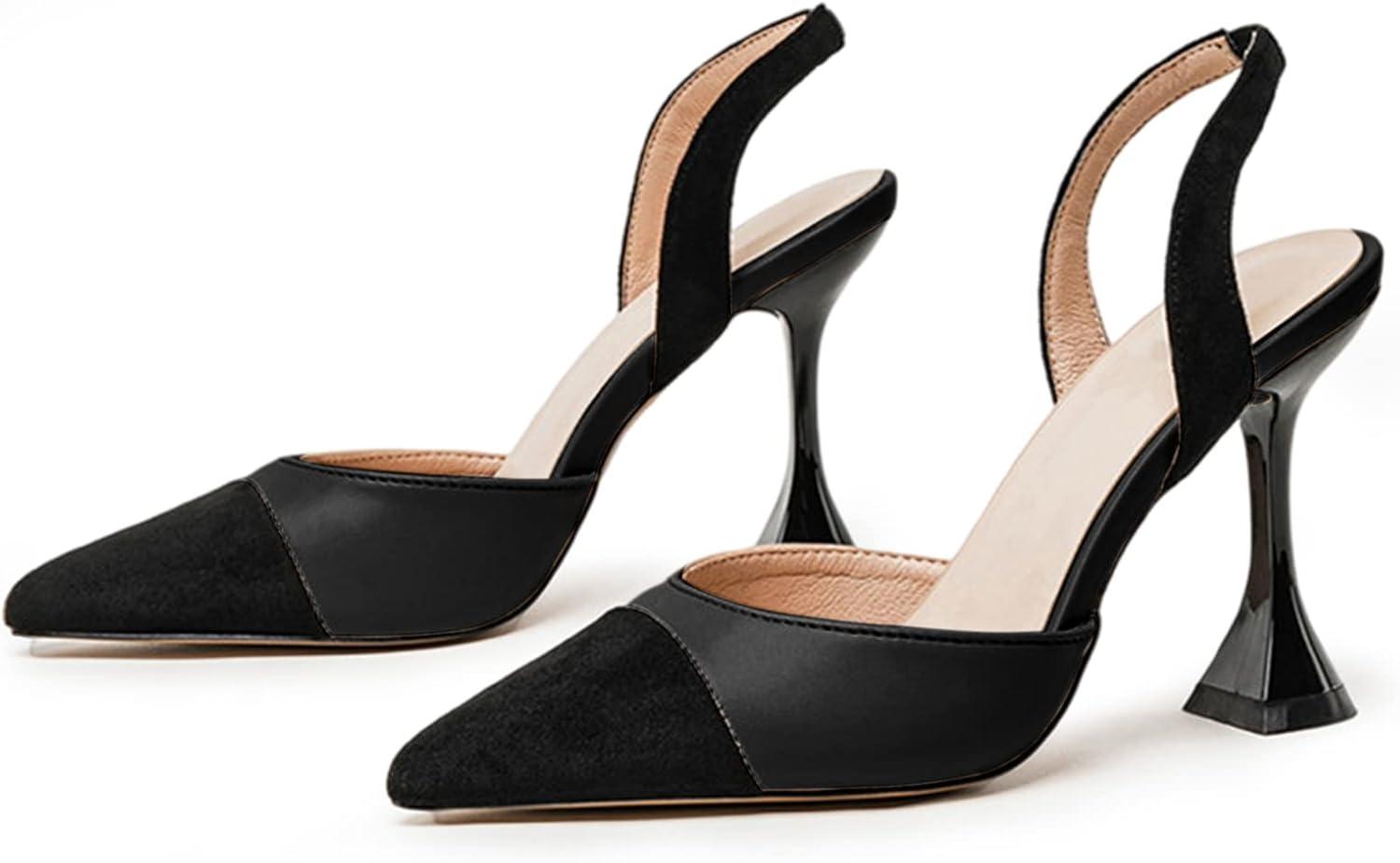 image:imageCoutgo Womens Slingback Pumps Pointed Toe Slip On Stiletto Heels Patchwork Dress Party ShoesBlack