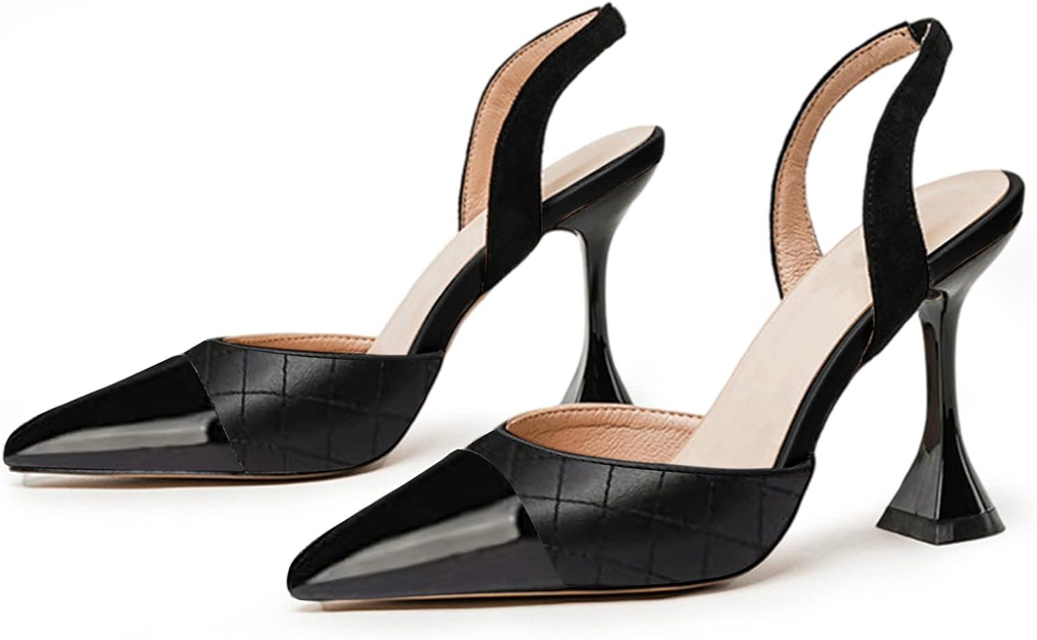 image:imageCoutgo Womens Slingback Pumps Pointed Toe Slip On Stiletto Heels Patchwork Dress Party ShoesCool Black