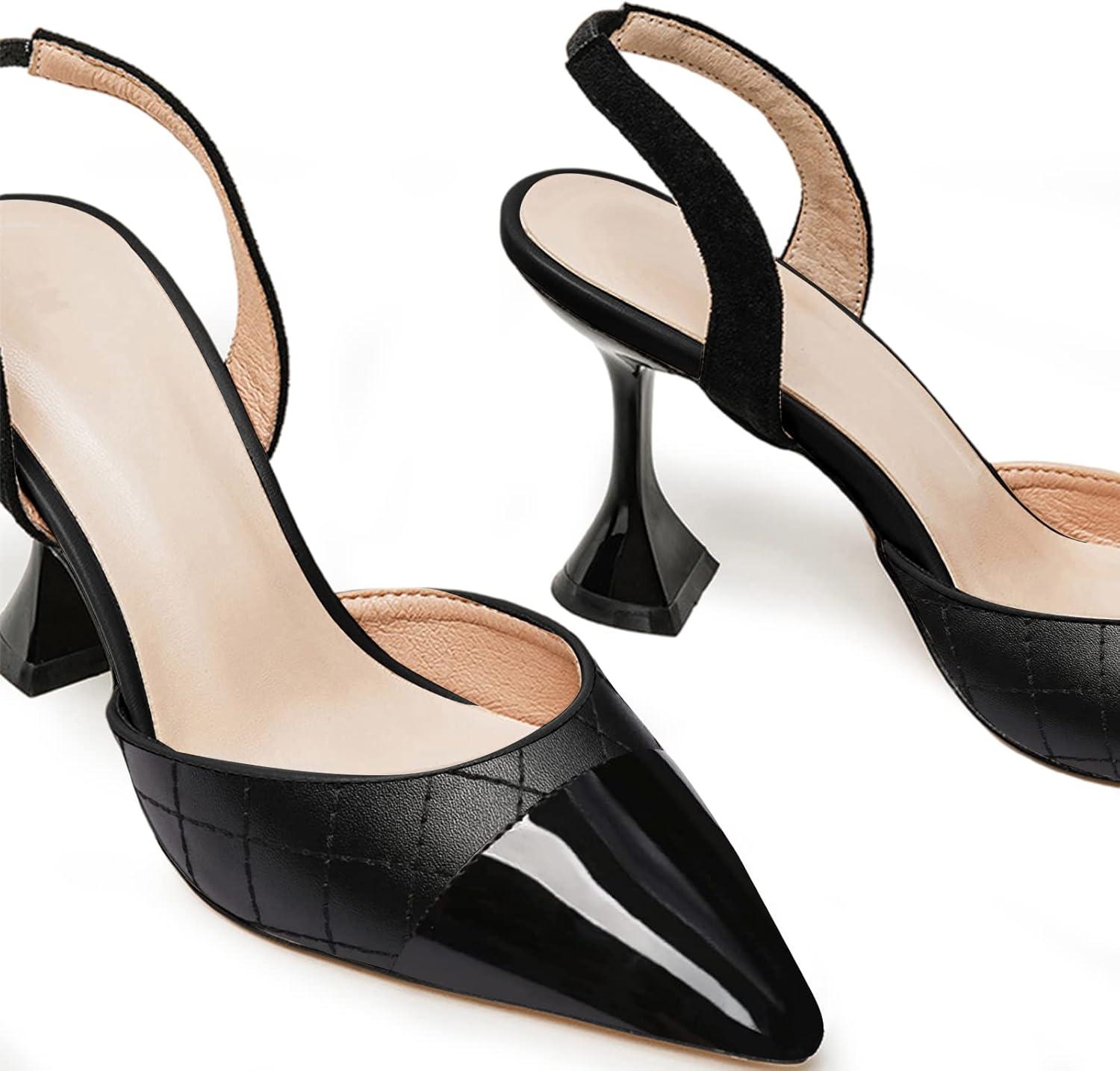 image:imageCoutgo Womens Slingback Pumps Pointed Toe Slip On Stiletto Heels Patchwork Dress Party ShoesCool Black