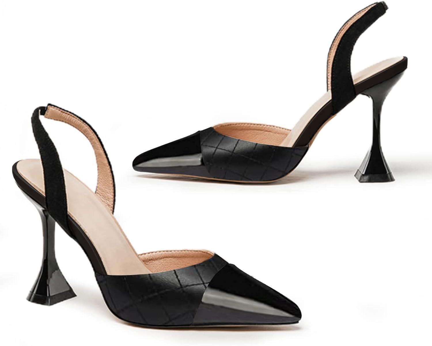 image:imageCoutgo Womens Slingback Pumps Pointed Toe Slip On Stiletto Heels Patchwork Dress Party ShoesCool Black
