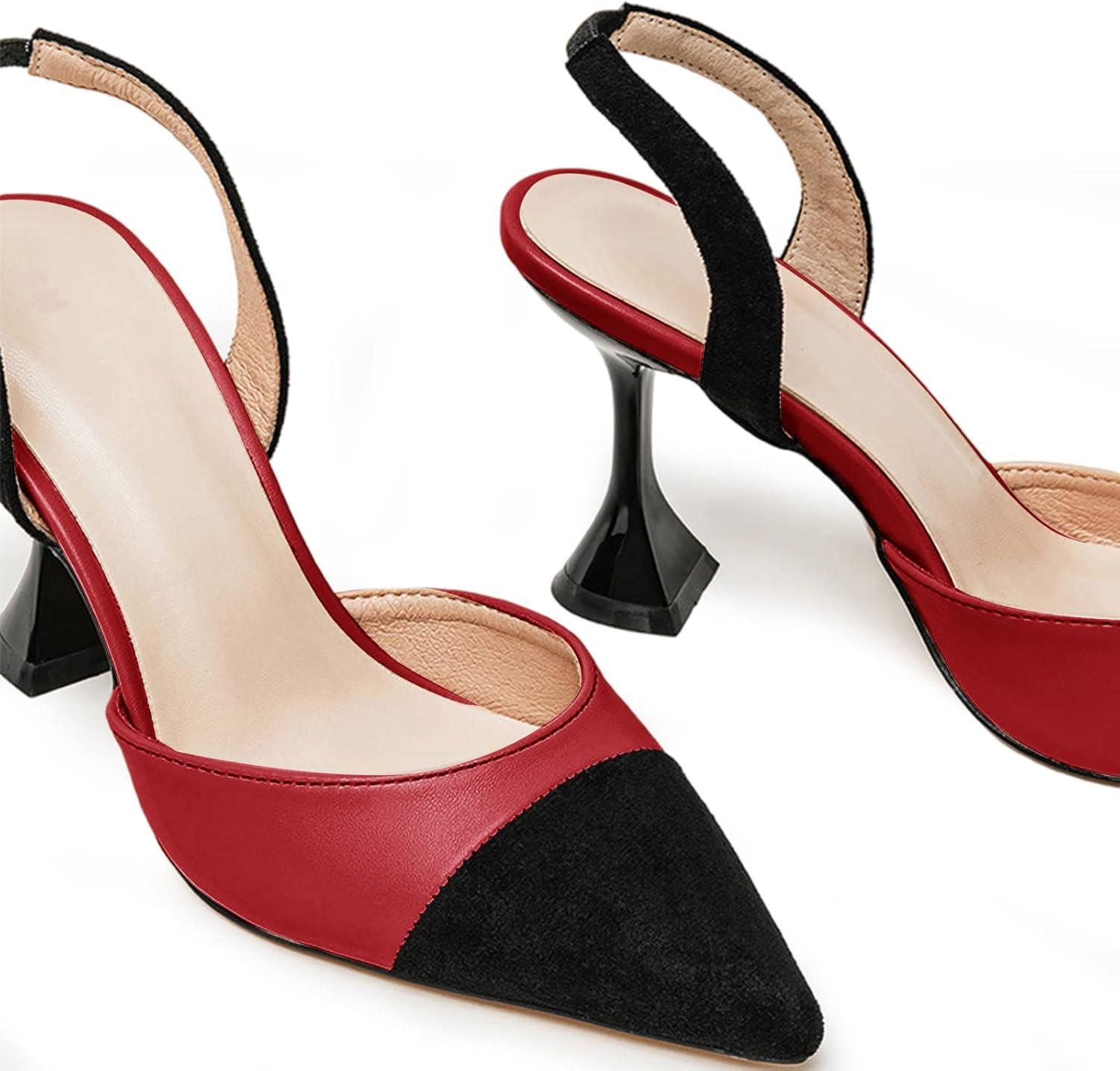 image:imageCoutgo Womens Slingback Pumps Pointed Toe Slip On Stiletto Heels Patchwork Dress Party ShoesRedBlack