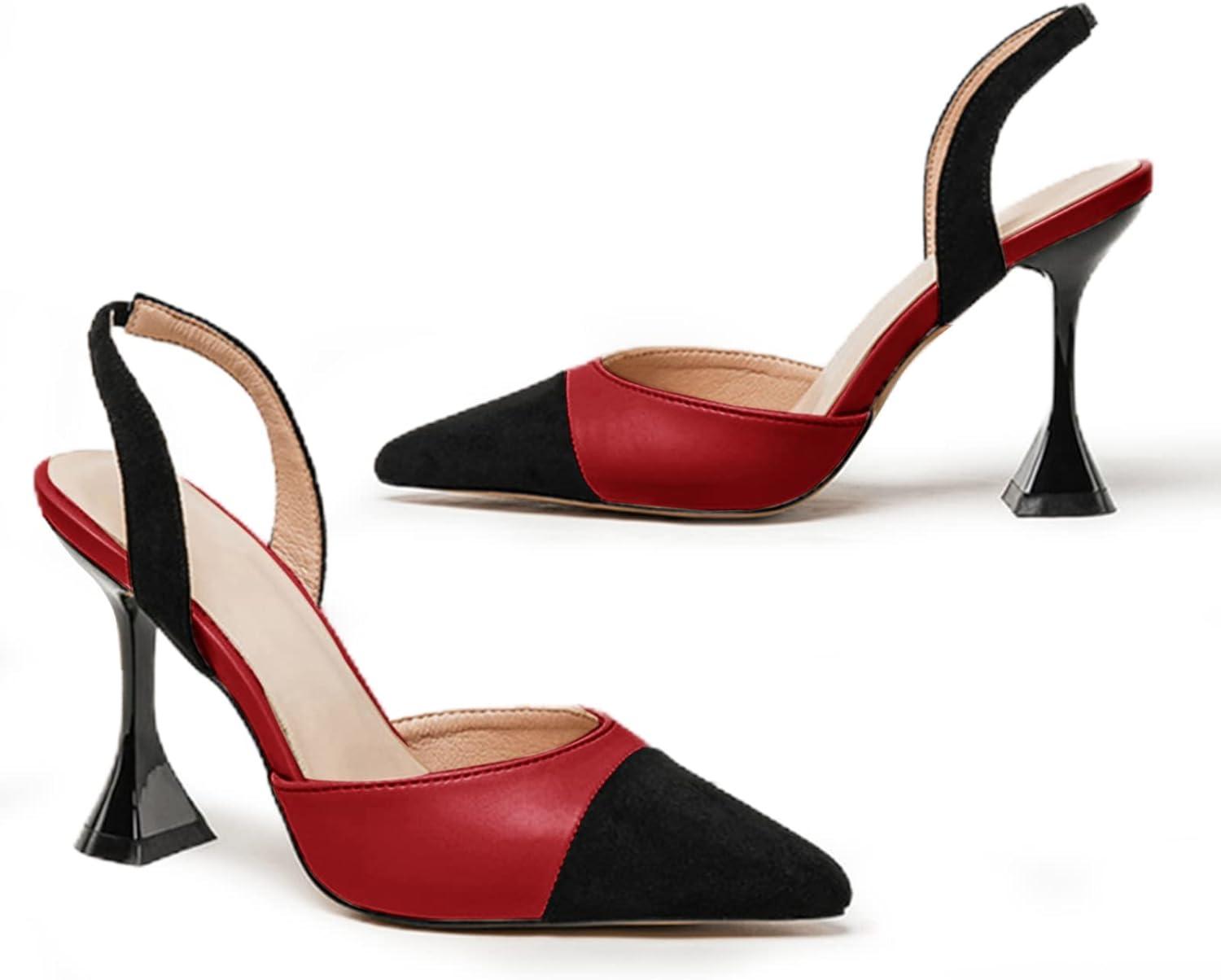 image:imageCoutgo Womens Slingback Pumps Pointed Toe Slip On Stiletto Heels Patchwork Dress Party ShoesRedBlack
