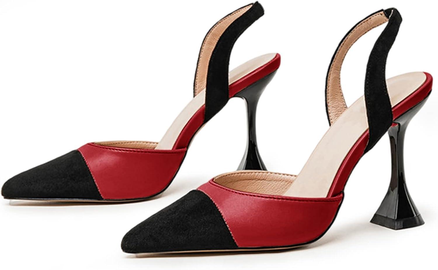 image:imageCoutgo Womens Slingback Pumps Pointed Toe Slip On Stiletto Heels Patchwork Dress Party ShoesRedBlack