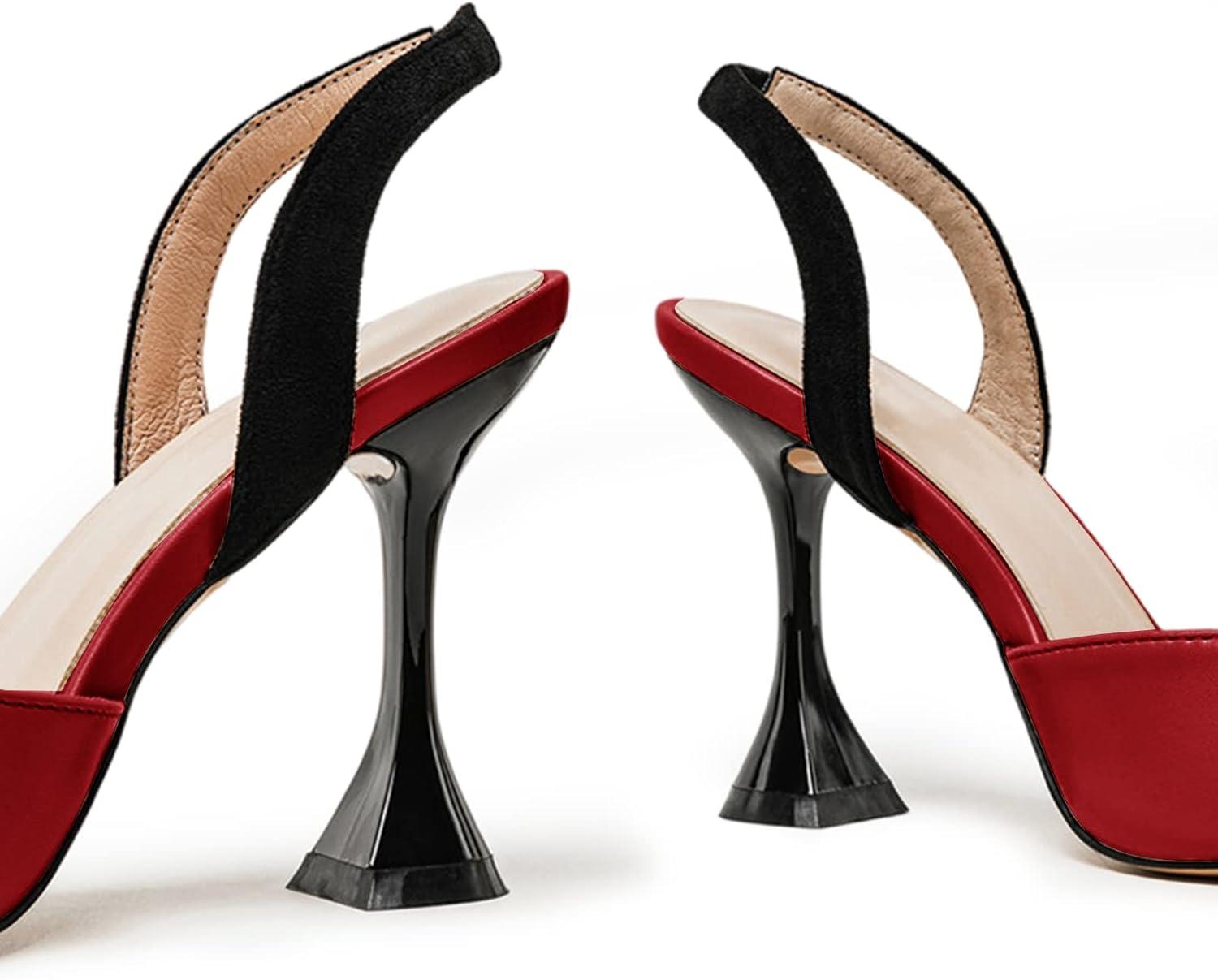 image:imageCoutgo Womens Slingback Pumps Pointed Toe Slip On Stiletto Heels Patchwork Dress Party ShoesRedBlack