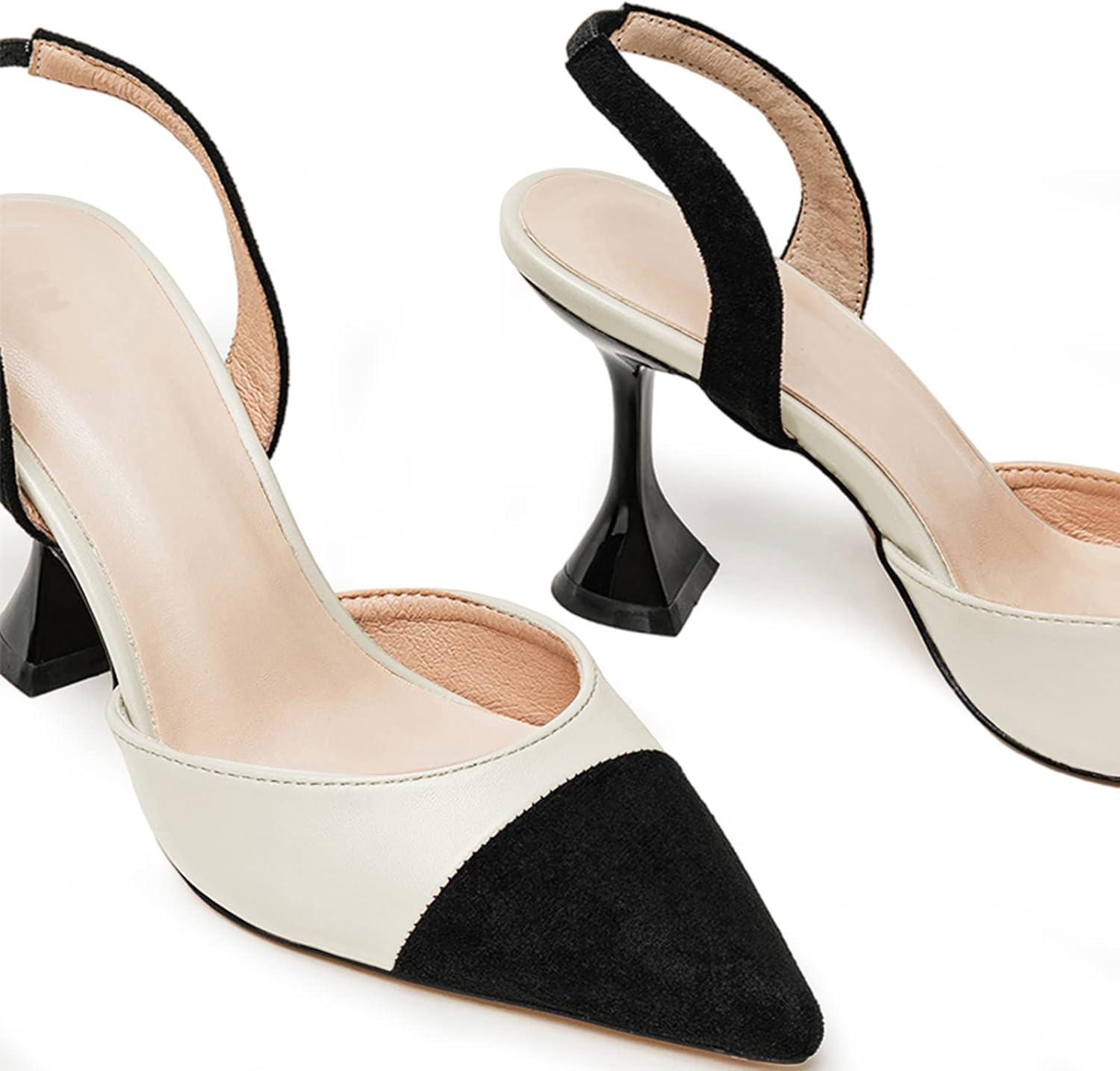 image:imageCoutgo Womens Slingback Pumps Pointed Toe Slip On Stiletto Heels Patchwork Dress Party ShoesWhiteBlack