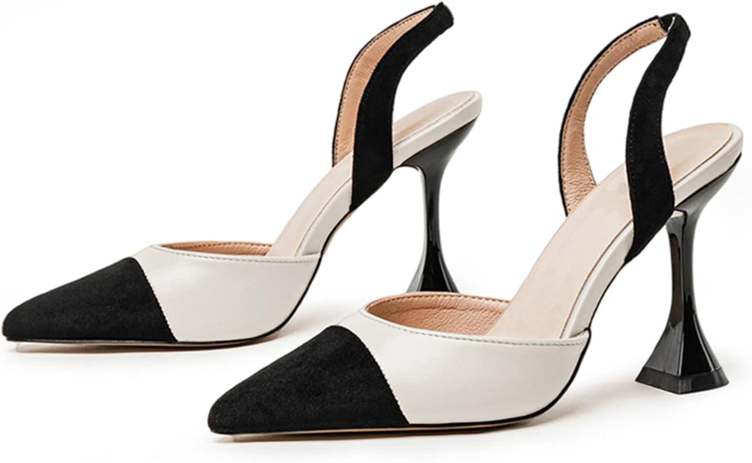 image:imageCoutgo Womens Slingback Pumps Pointed Toe Slip On Stiletto Heels Patchwork Dress Party ShoesWhiteBlack