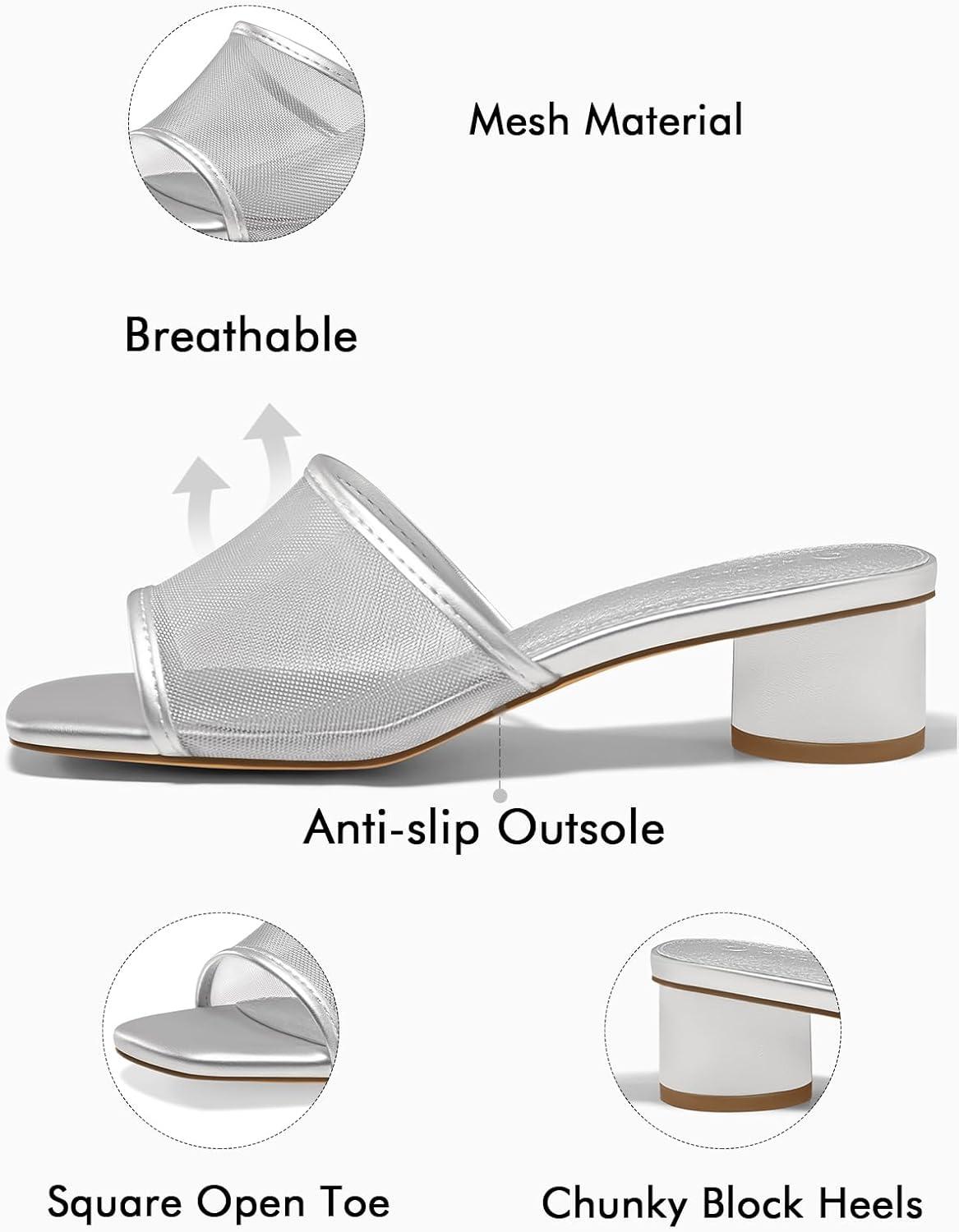 image:imageCoutgo Womens Square Open Toe Chunky Heel Slide SandalsSliver