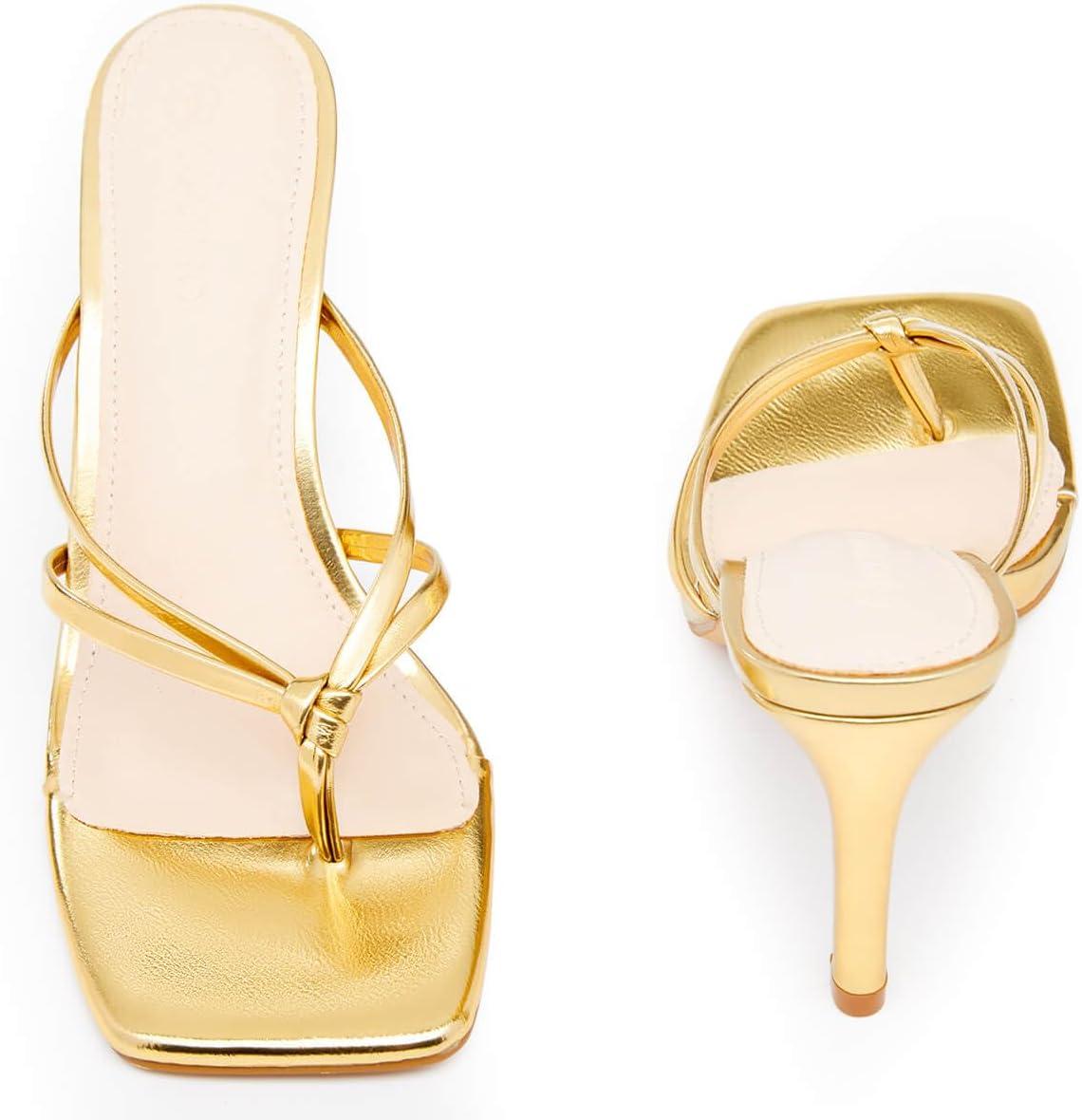 image:imageCoutgo Womens Strappy Heeded Sandals Square Toe Flip Flops Fashion Stiletto Thong Slip On SandalsGold