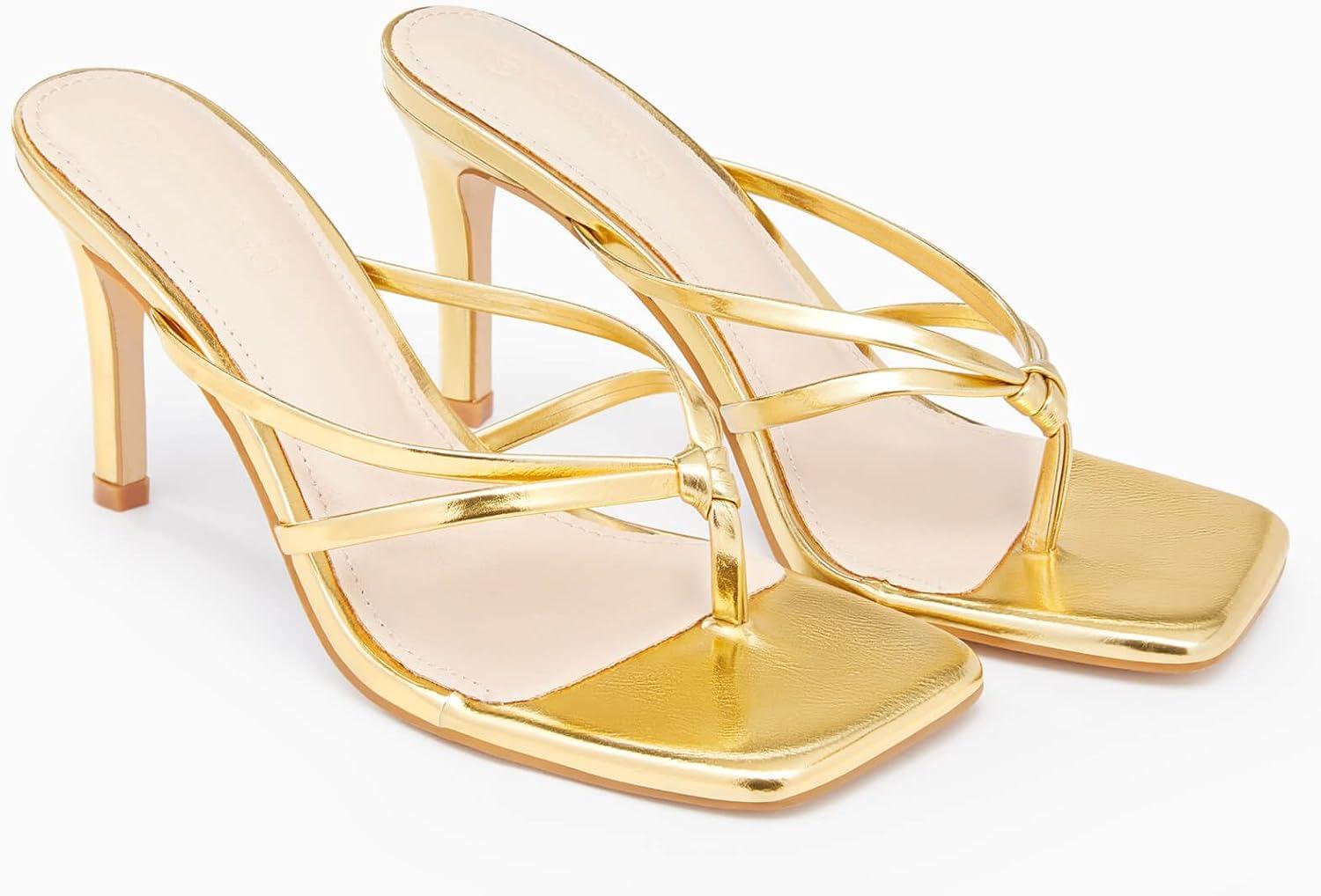 image:imageCoutgo Womens Strappy Heeded Sandals Square Toe Flip Flops Fashion Stiletto Thong Slip On SandalsGold