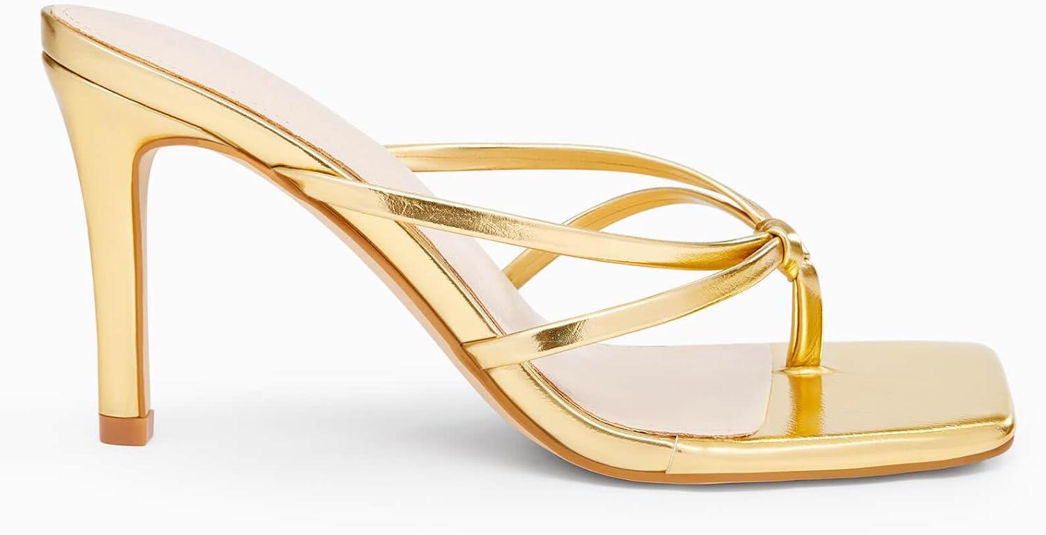 image:imageCoutgo Womens Strappy Heeded Sandals Square Toe Flip Flops Fashion Stiletto Thong Slip On SandalsGold