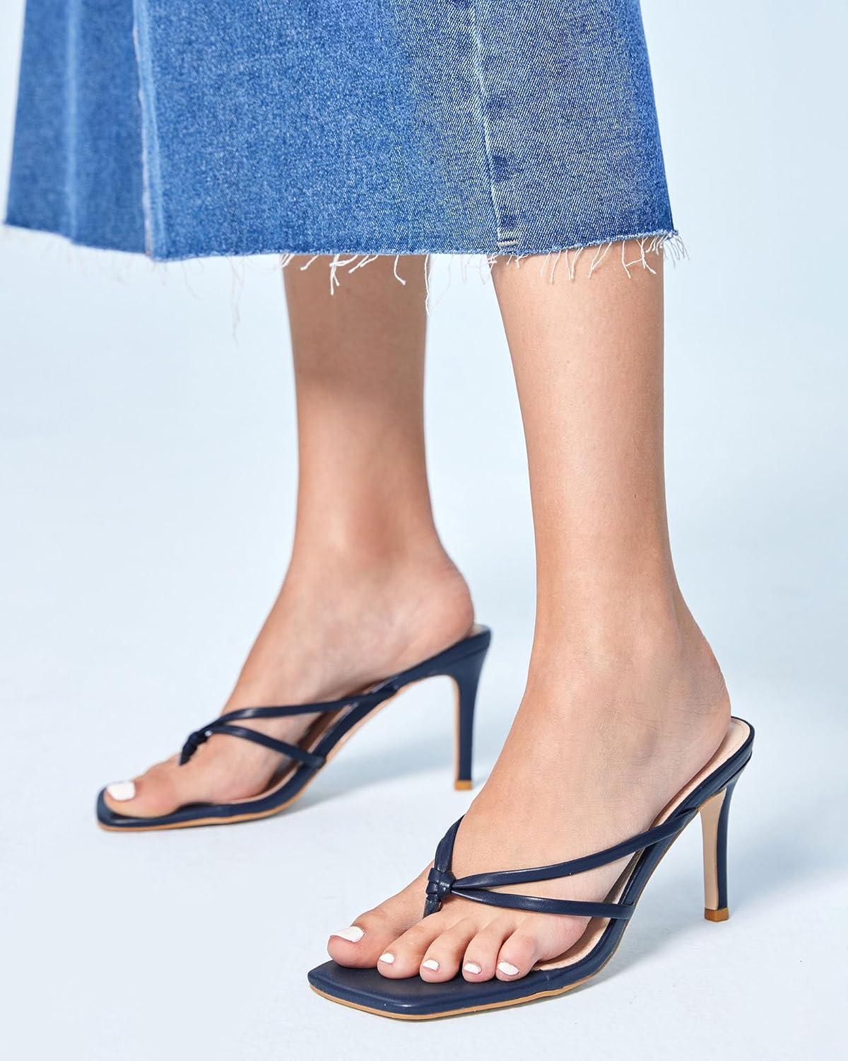 image:imageCoutgo Womens Strappy Heeded Sandals Square Toe Flip Flops Fashion Thong Slip On Stiletto Sandals