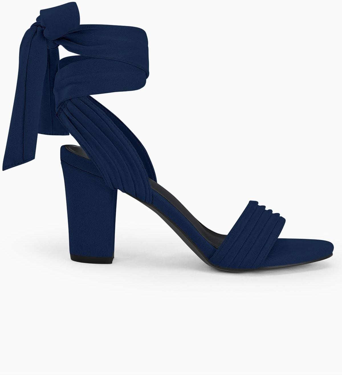 image:imageCoutgo Womens Strappy High Heels Chunky Heeled Sandals Bow Tie Lace Up Open Toe Pumps Dress Wedding Comfortable ShoesNavy Blue