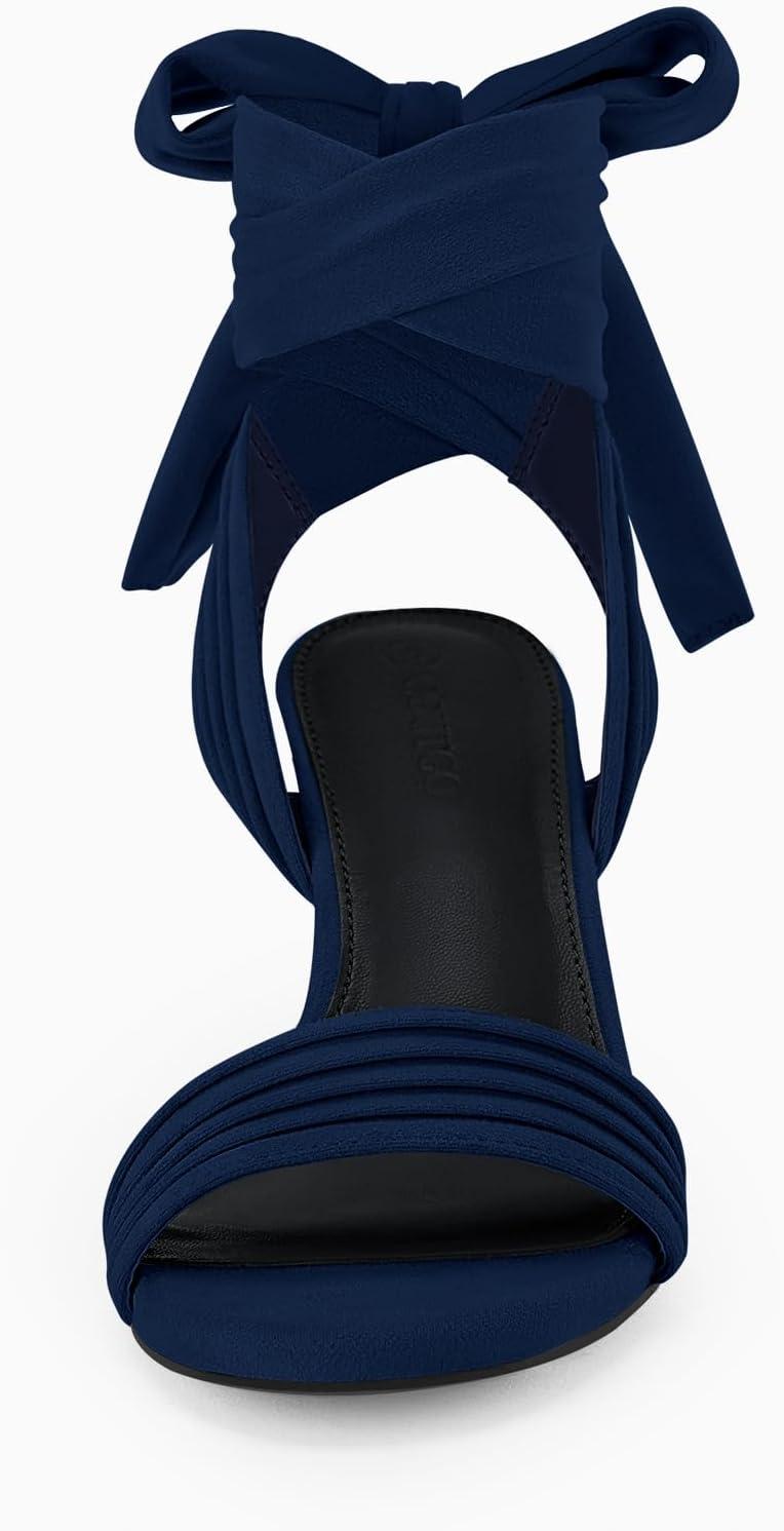 image:imageCoutgo Womens Strappy High Heels Chunky Heeled Sandals Bow Tie Lace Up Open Toe Pumps Dress Wedding Comfortable ShoesNavy Blue