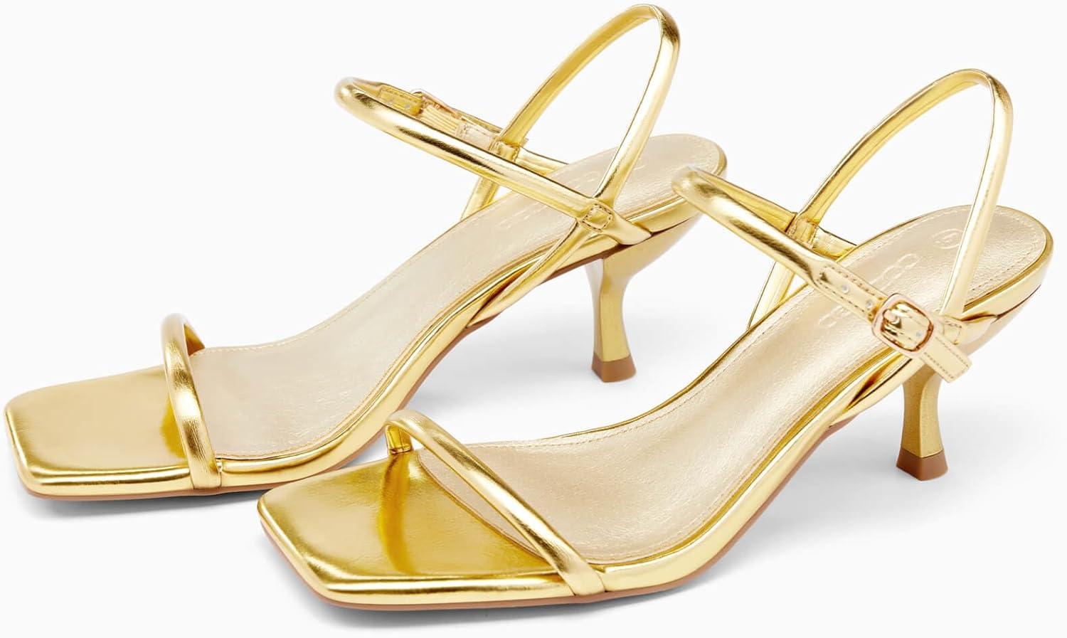 image:imageCoutgo Womens Strappy Kitten Heels Open Square Toe Sandals Buckle Ankle Strap Summer Dress ShoesGold