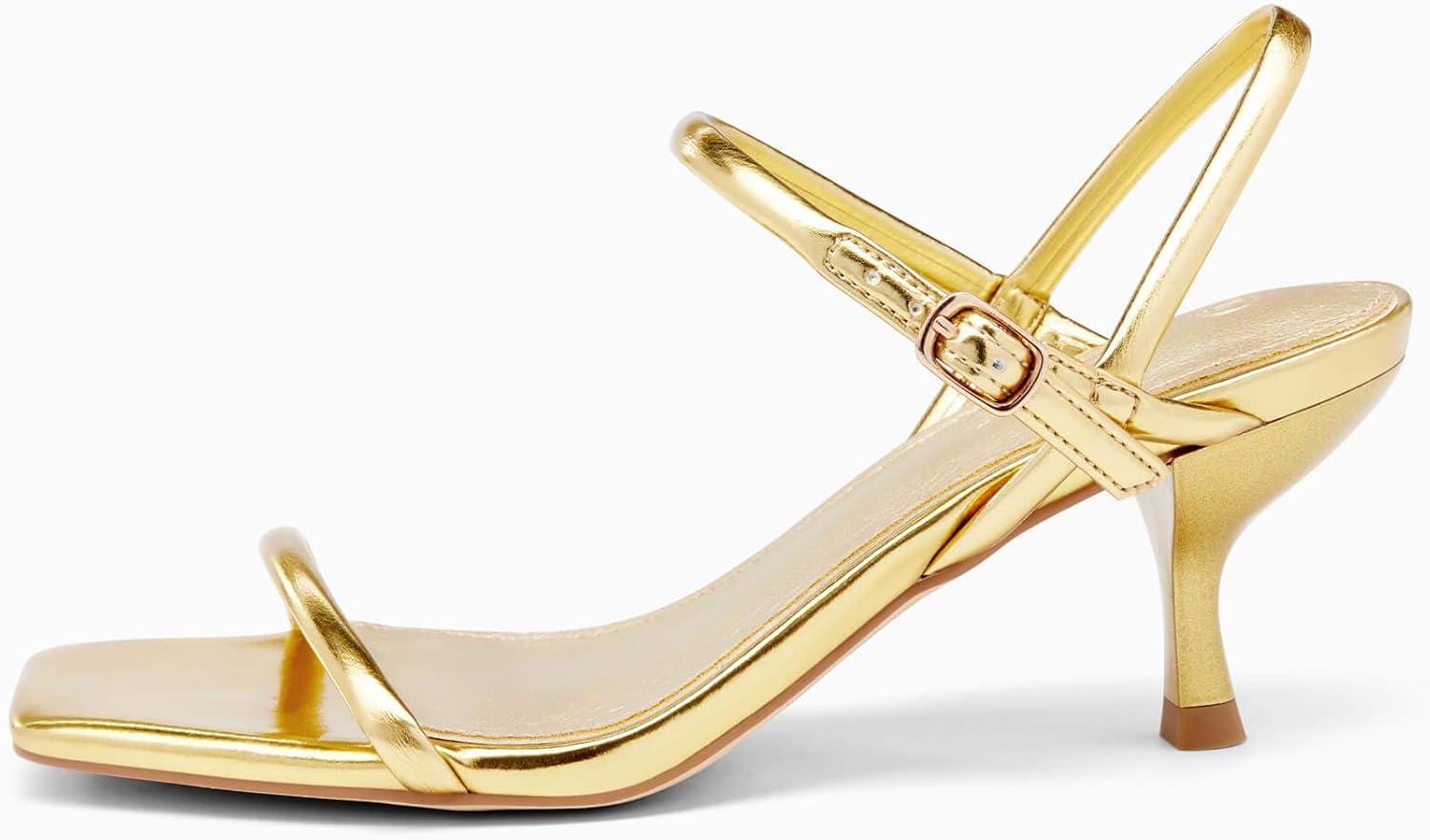 image:imageCoutgo Womens Strappy Kitten Heels Open Square Toe Sandals Buckle Ankle Strap Summer Dress ShoesGold