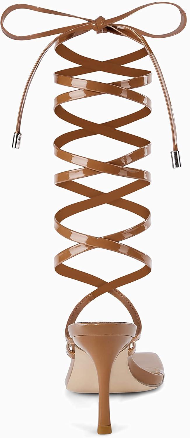 image:imageCoutgo Womens Strappy Thong Heels Sandals Sexy Lace up Wrap Ankle Strap Square Toe High Heeled Dress Summer Party ShoesBrown