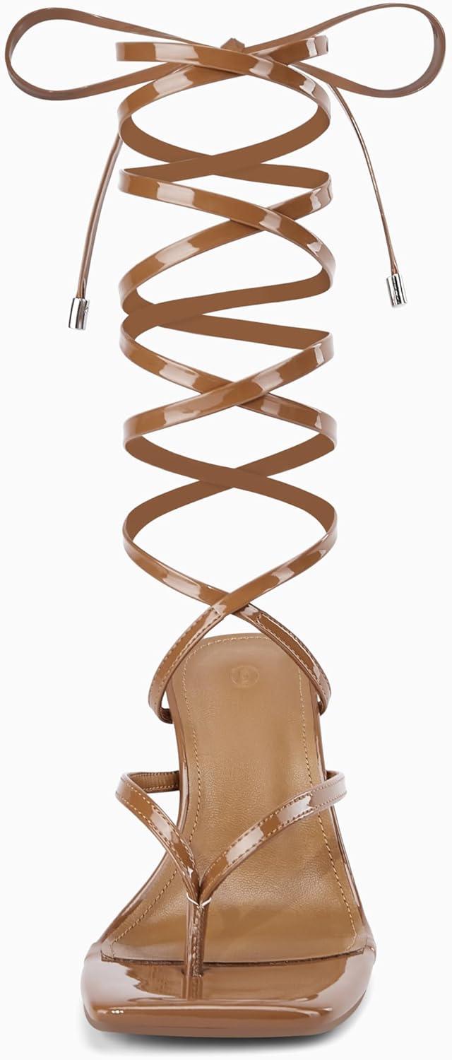 image:imageCoutgo Womens Strappy Thong Heels Sandals Sexy Lace up Wrap Ankle Strap Square Toe High Heeled Dress Summer Party ShoesBrown