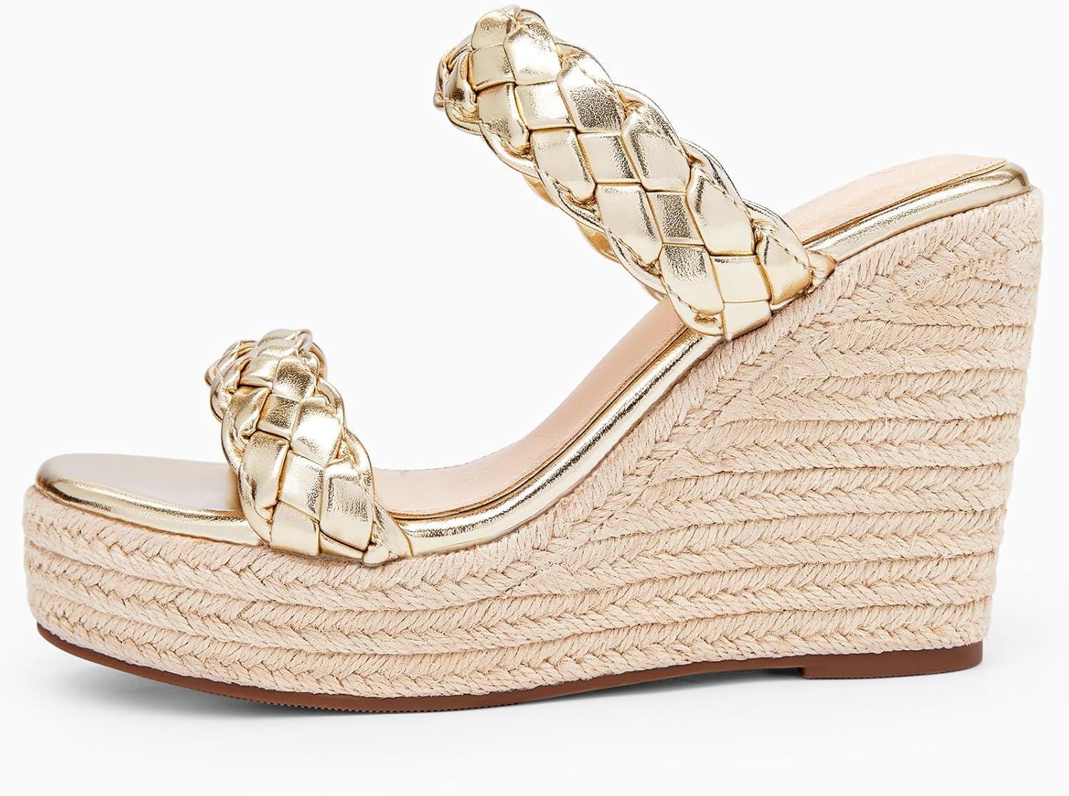 image:imageCoutgo Womens Wedge Platform Sandals Espadrilles Two Strap Woven Slip On Summer Cute Slide SandalsGold