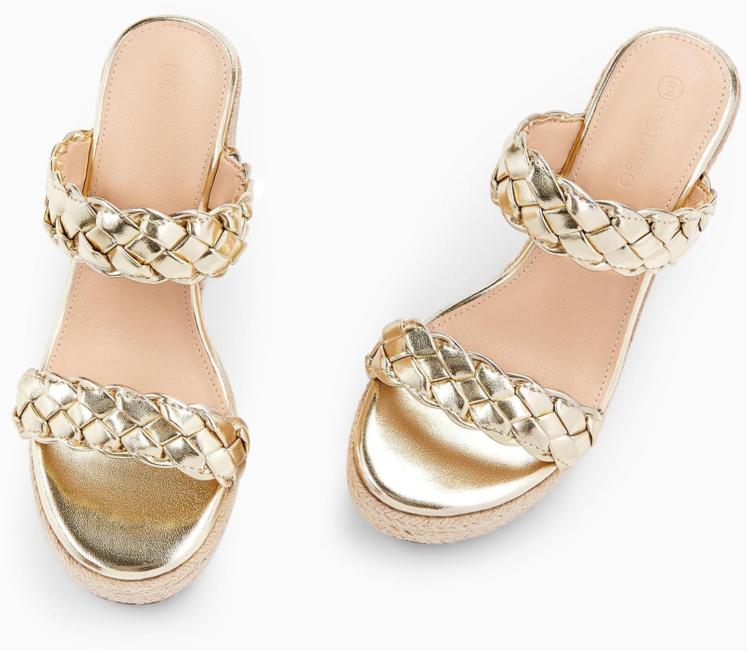 image:imageCoutgo Womens Wedge Platform Sandals Espadrilles Two Strap Woven Slip On Summer Cute Slide SandalsGold