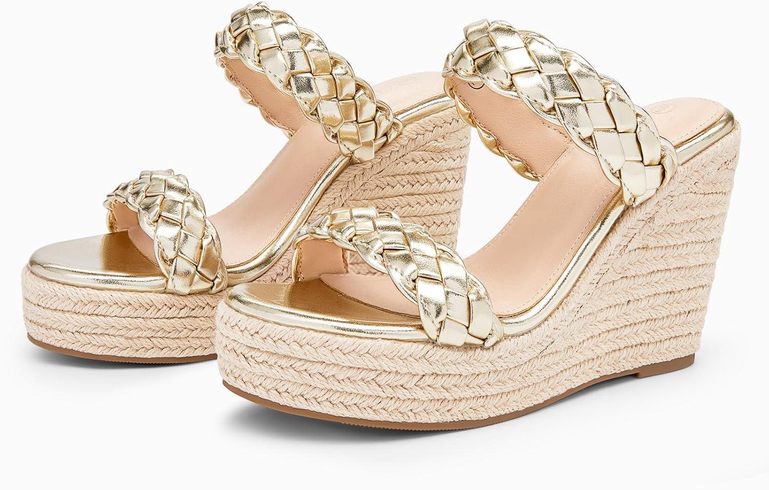 image:imageCoutgo Womens Wedge Platform Sandals Espadrilles Two Strap Woven Slip On Summer Cute Slide SandalsGold