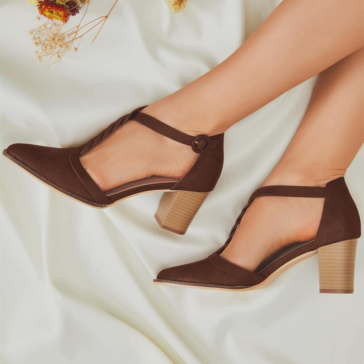image:imageWomens Block Chunky Heels T Strap Dress Shoes Closed Toe Stacked Heeled Pumps SandalsDark Brown