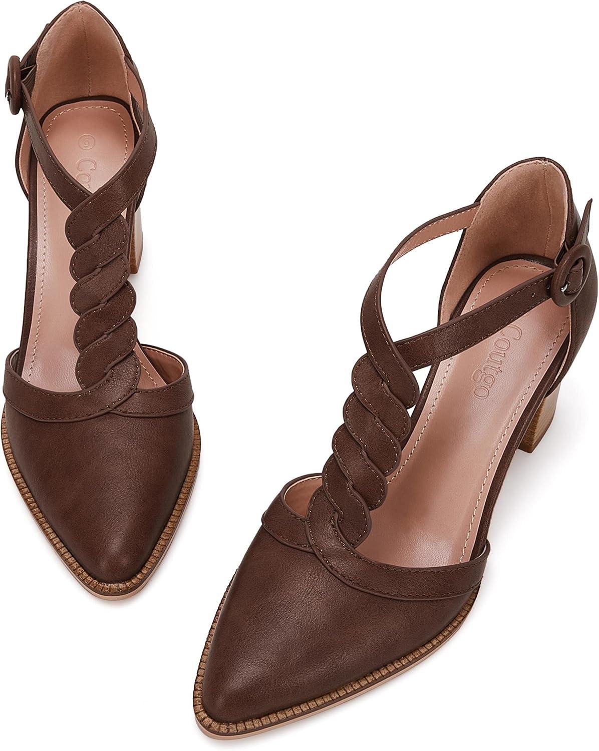 image:imageWomens Block Chunky Heels T Strap Dress Shoes Closed Toe Stacked Heeled Pumps SandalsDark Brown