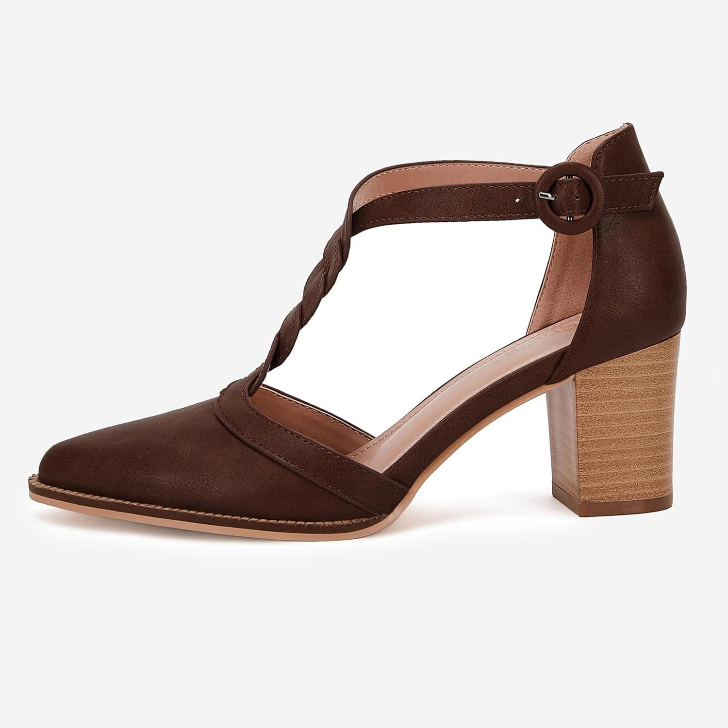 image:imageWomens Block Chunky Heels T Strap Dress Shoes Closed Toe Stacked Heeled Pumps SandalsDark Brown