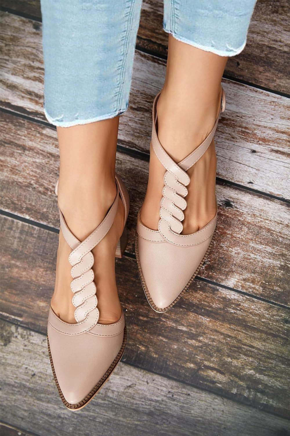 image:imageWomens Block Chunky Heels T Strap Dress Shoes Closed Toe Stacked Heeled Pumps SandalsNude