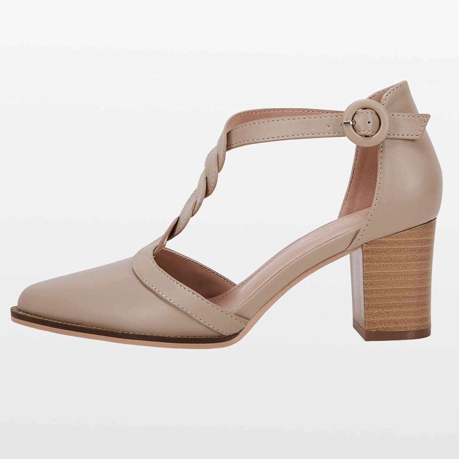 image:imageWomens Block Chunky Heels T Strap Dress Shoes Closed Toe Stacked Heeled Pumps SandalsNude