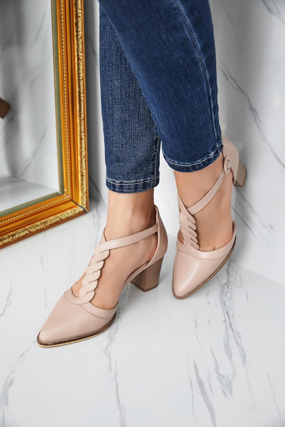 image:imageWomens Block Chunky Heels T Strap Dress Shoes Closed Toe Stacked Heeled Pumps SandalsNude