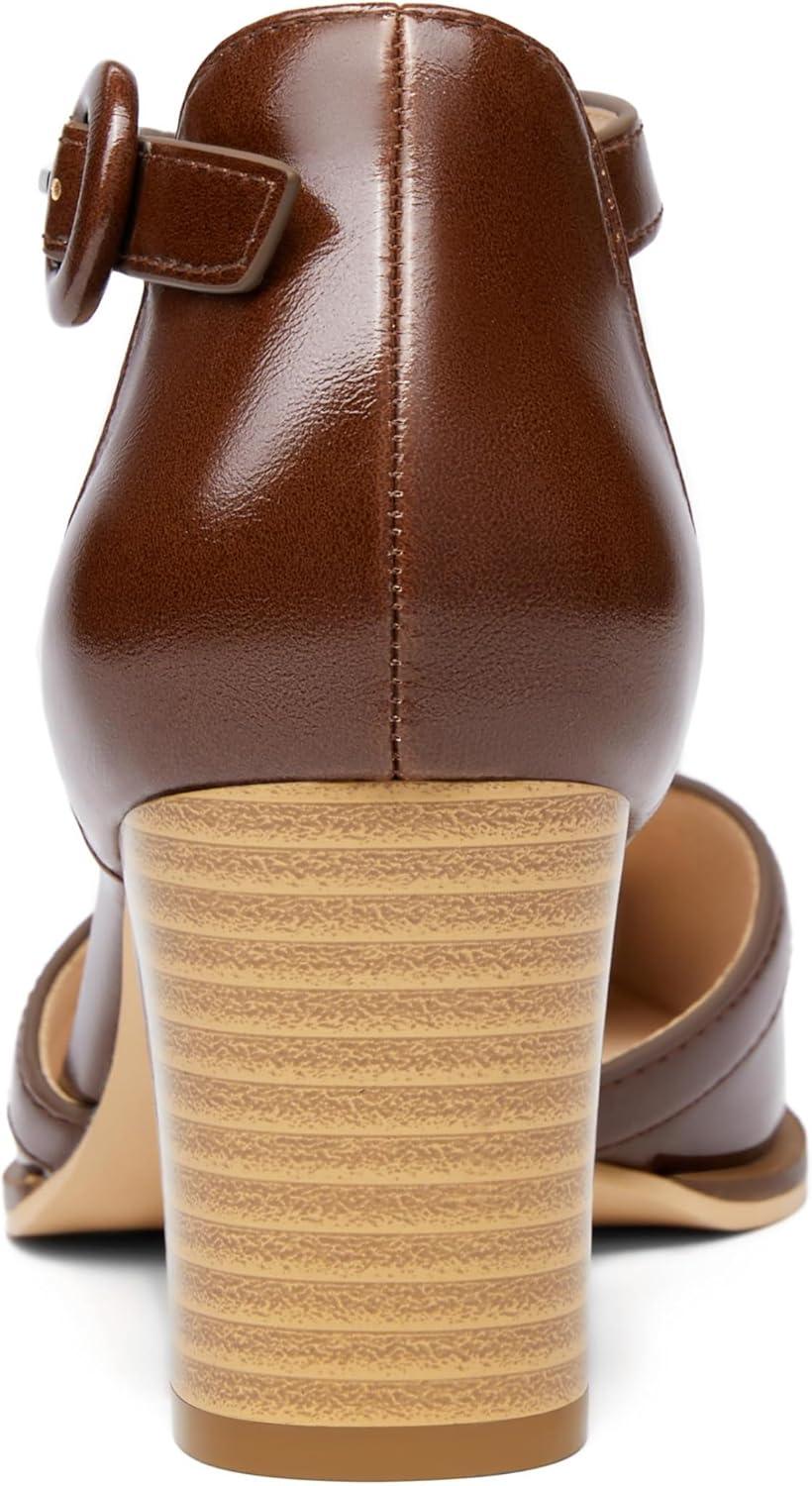 image:imageWomens Block Chunky Heels T Strap Dress Shoes Closed Toe Stacked Heeled Pumps SandalsRedbrown
