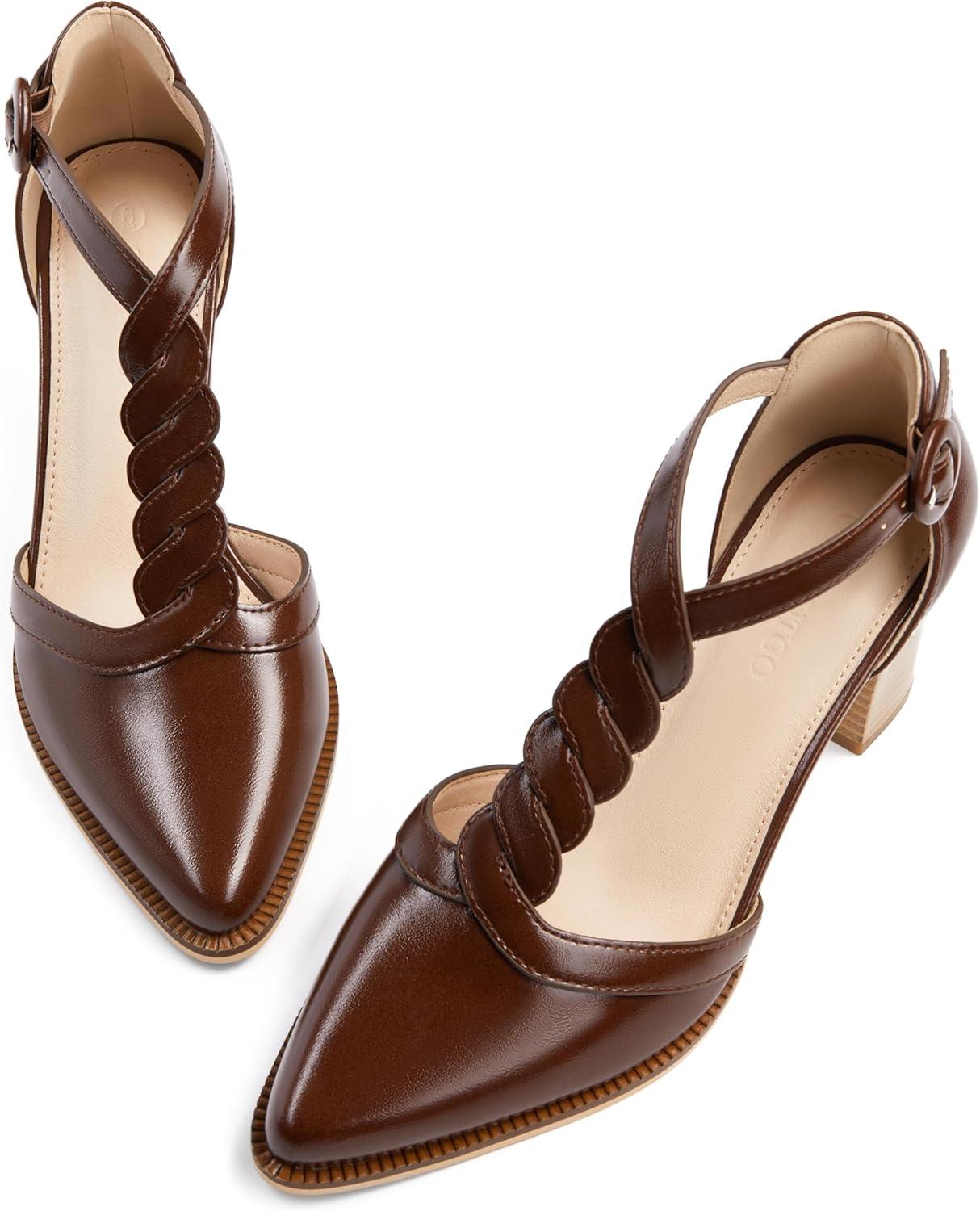 image:imageWomens Block Chunky Heels T Strap Dress Shoes Closed Toe Stacked Heeled Pumps SandalsRedbrown