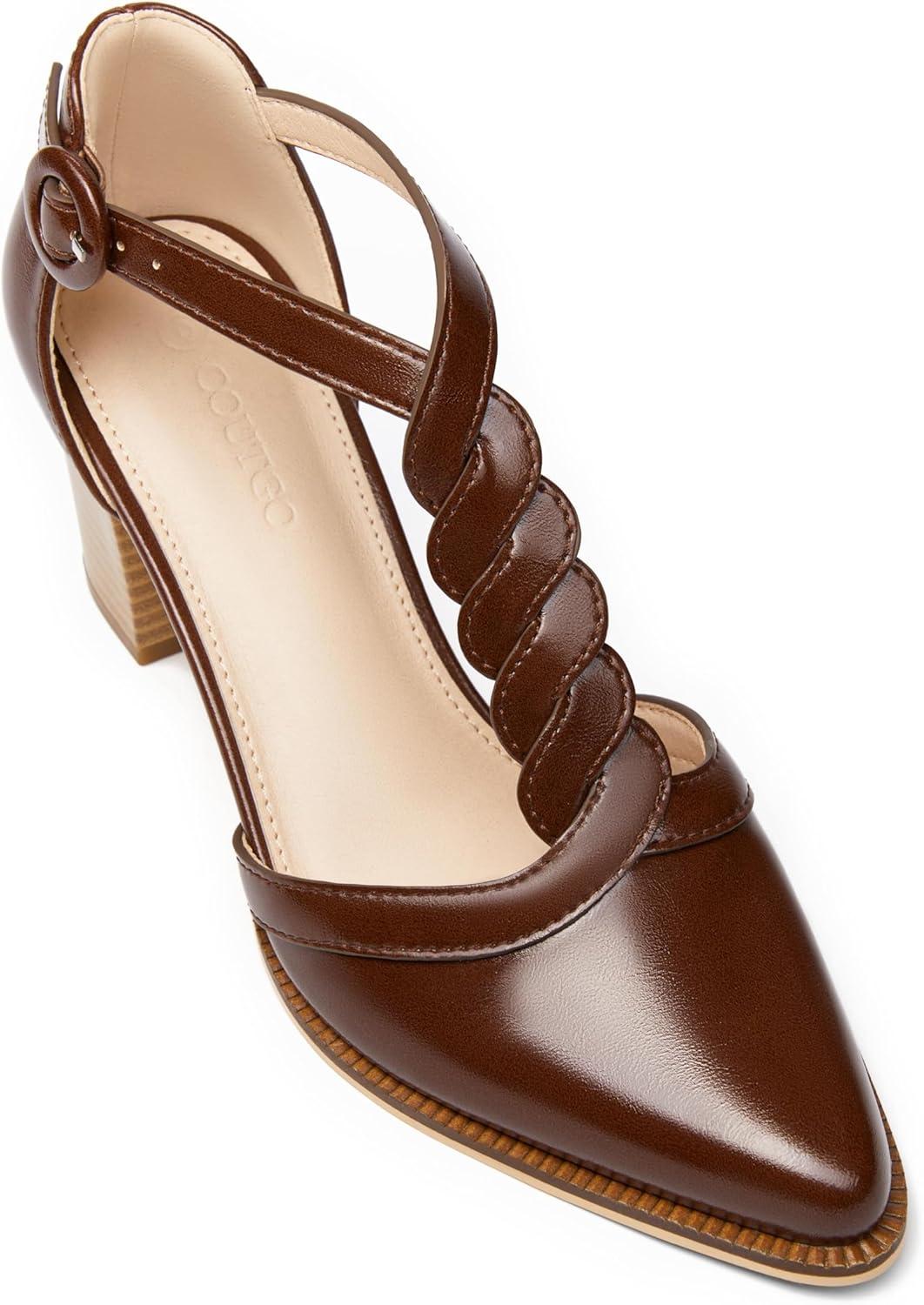 image:imageWomens Block Chunky Heels T Strap Dress Shoes Closed Toe Stacked Heeled Pumps SandalsRedbrown