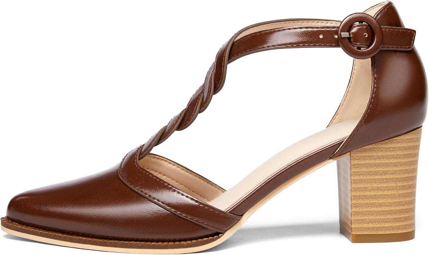 image:imageWomens Block Chunky Heels T Strap Dress Shoes Closed Toe Stacked Heeled Pumps SandalsRedbrown