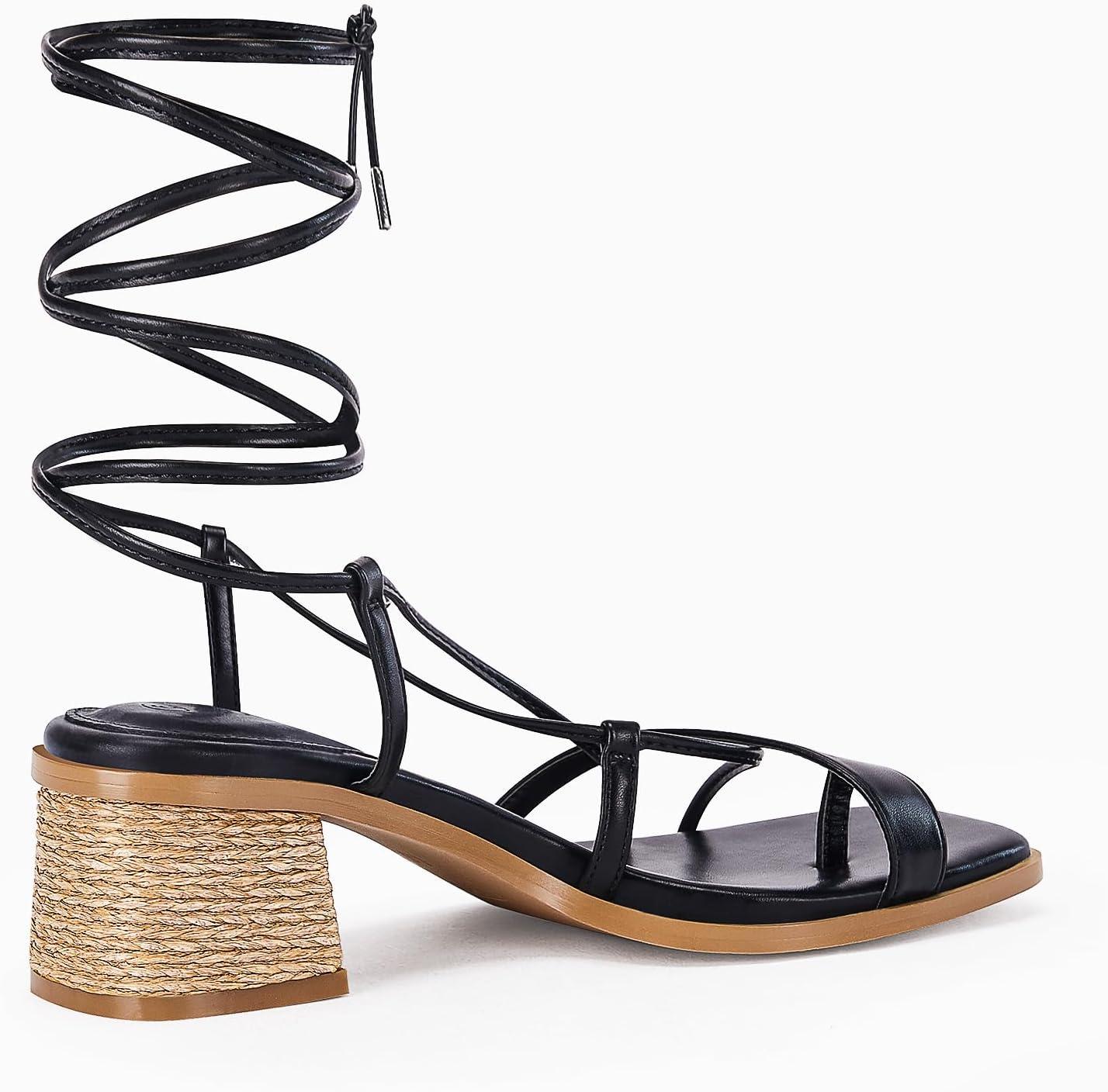 image:imageWomens Strappy Heels Thong Gladiator Flat Sandals Dressy Summer Low Chunky Block Heeled Roman ShoesBlack