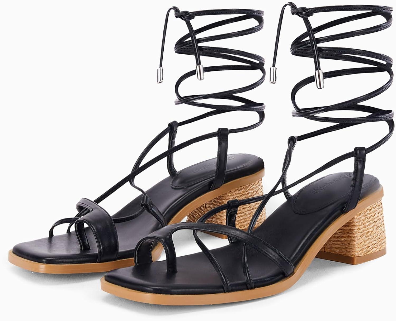 image:imageWomens Strappy Heels Thong Gladiator Flat Sandals Dressy Summer Low Chunky Block Heeled Roman ShoesBlack