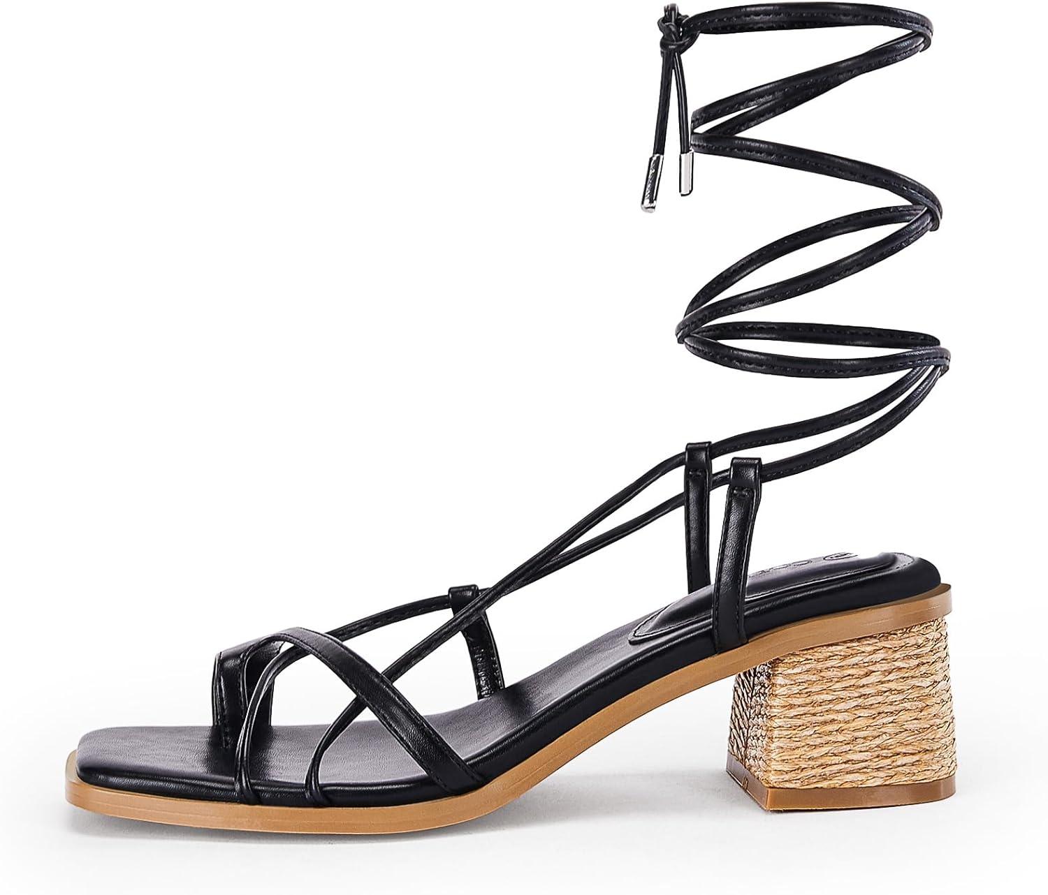 image:imageWomens Strappy Heels Thong Gladiator Flat Sandals Dressy Summer Low Chunky Block Heeled Roman ShoesBlack