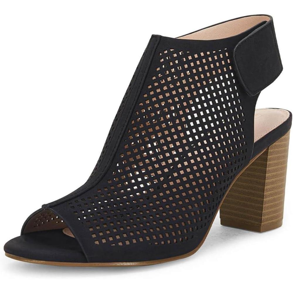 image:imageCoutgo Heels for Women Open Toe Boots Cutout Ankle Strap High Heel Chunky Block SandalsBlack
