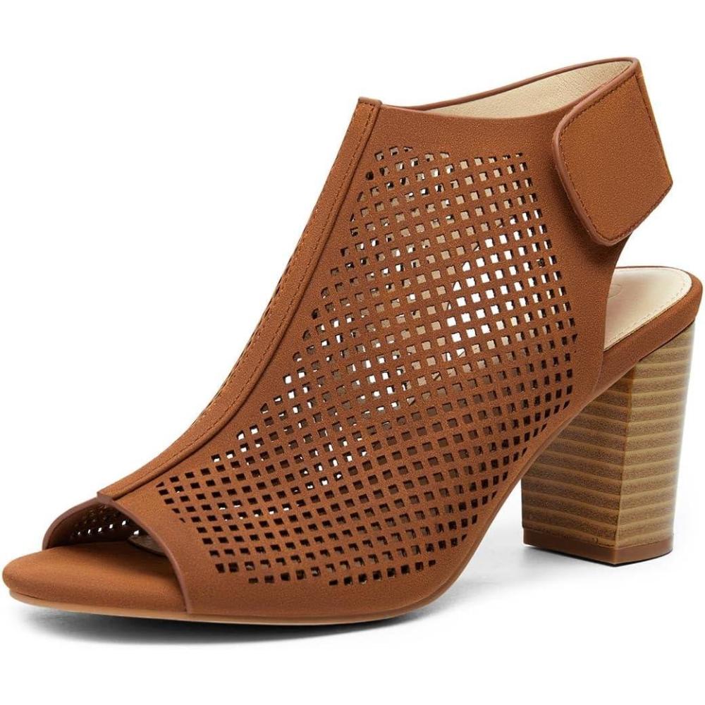 image:imageCoutgo Heels for Women Open Toe Boots Cutout Ankle Strap High Heel Chunky Block SandalsRedbrown