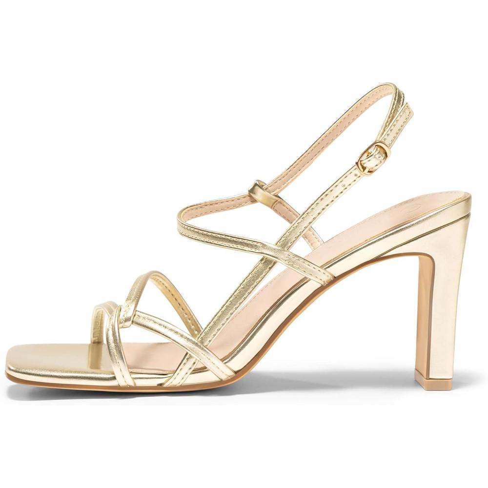 image:imageCoutgo Womens Chunky High Heels Strappy Sandals Square Open Toe Ankle Strap Wedding Party Dress ShoesGold