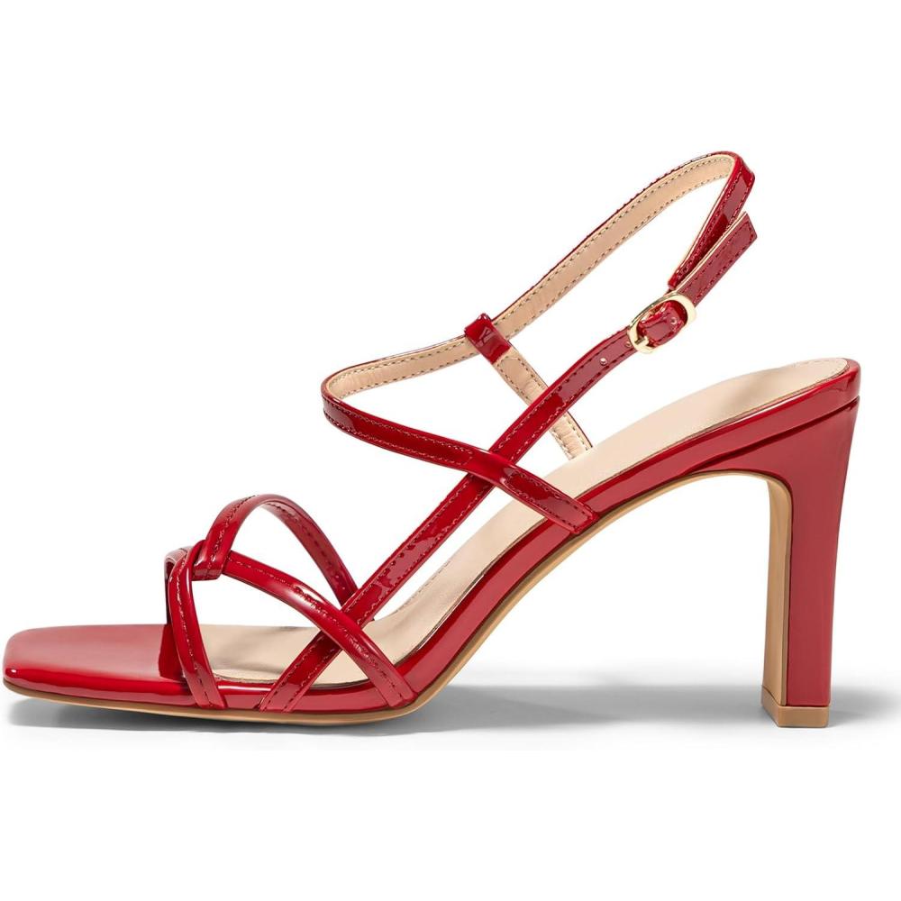 image:imageCoutgo Womens Chunky High Heels Strappy Sandals Square Open Toe Ankle Strap Wedding Party Dress ShoesRed